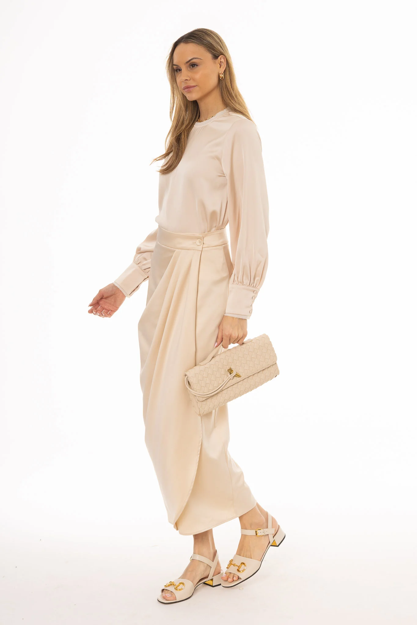 Beige Draped Wrap Maxi Skirt - Image 3