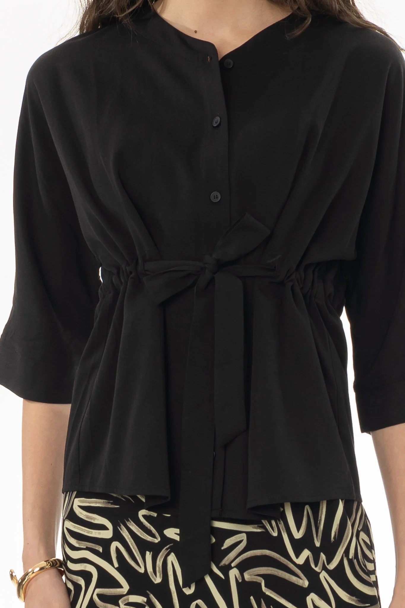 Black 3/4 Sleeve Tie Blouse - Image 2