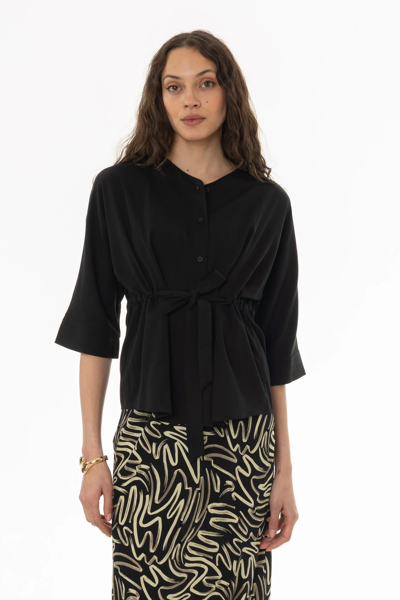 Black 3/4 Sleeve Tie Blouse - Image 5