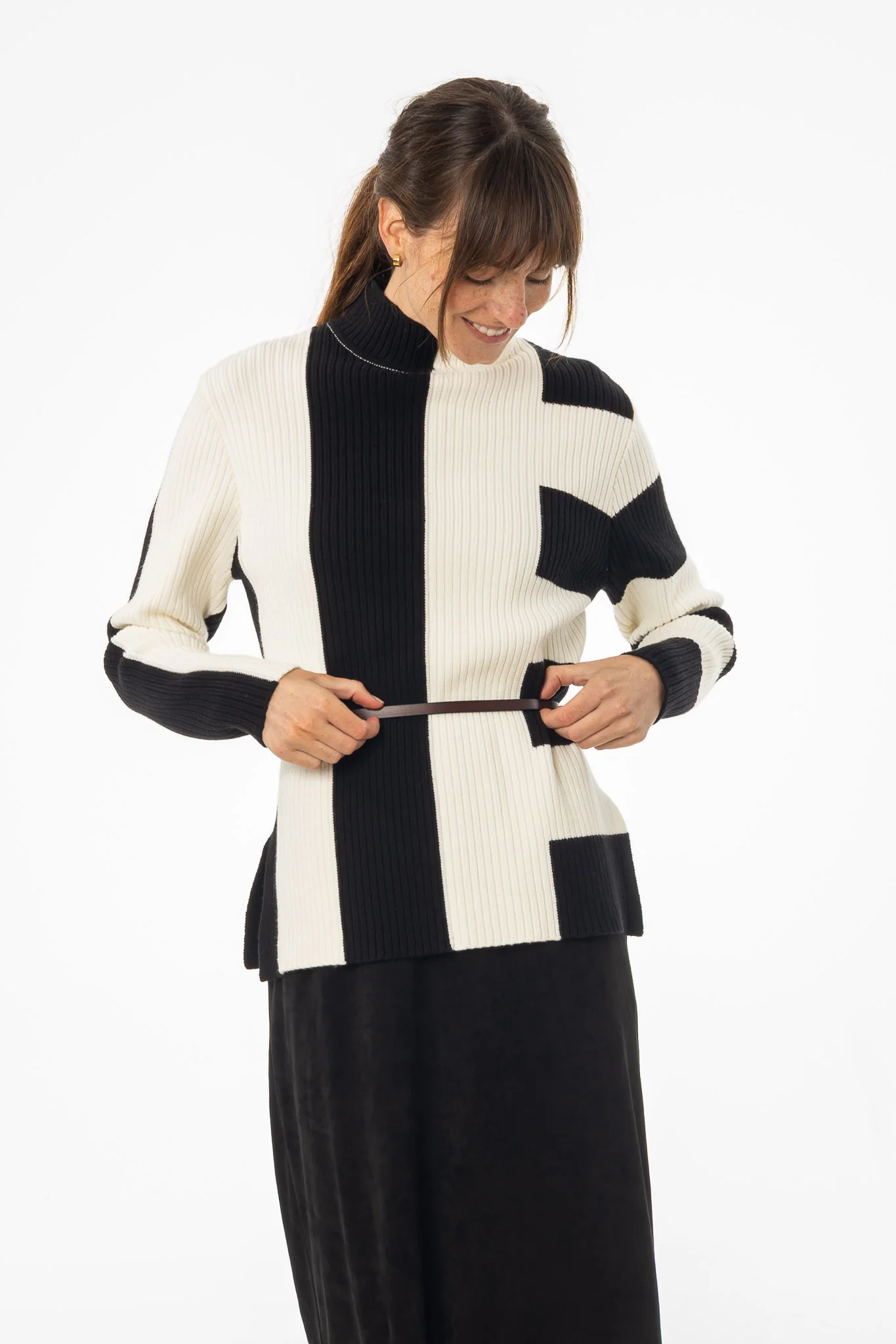 Black & White Knit Turtleneck Sweater - Image 2