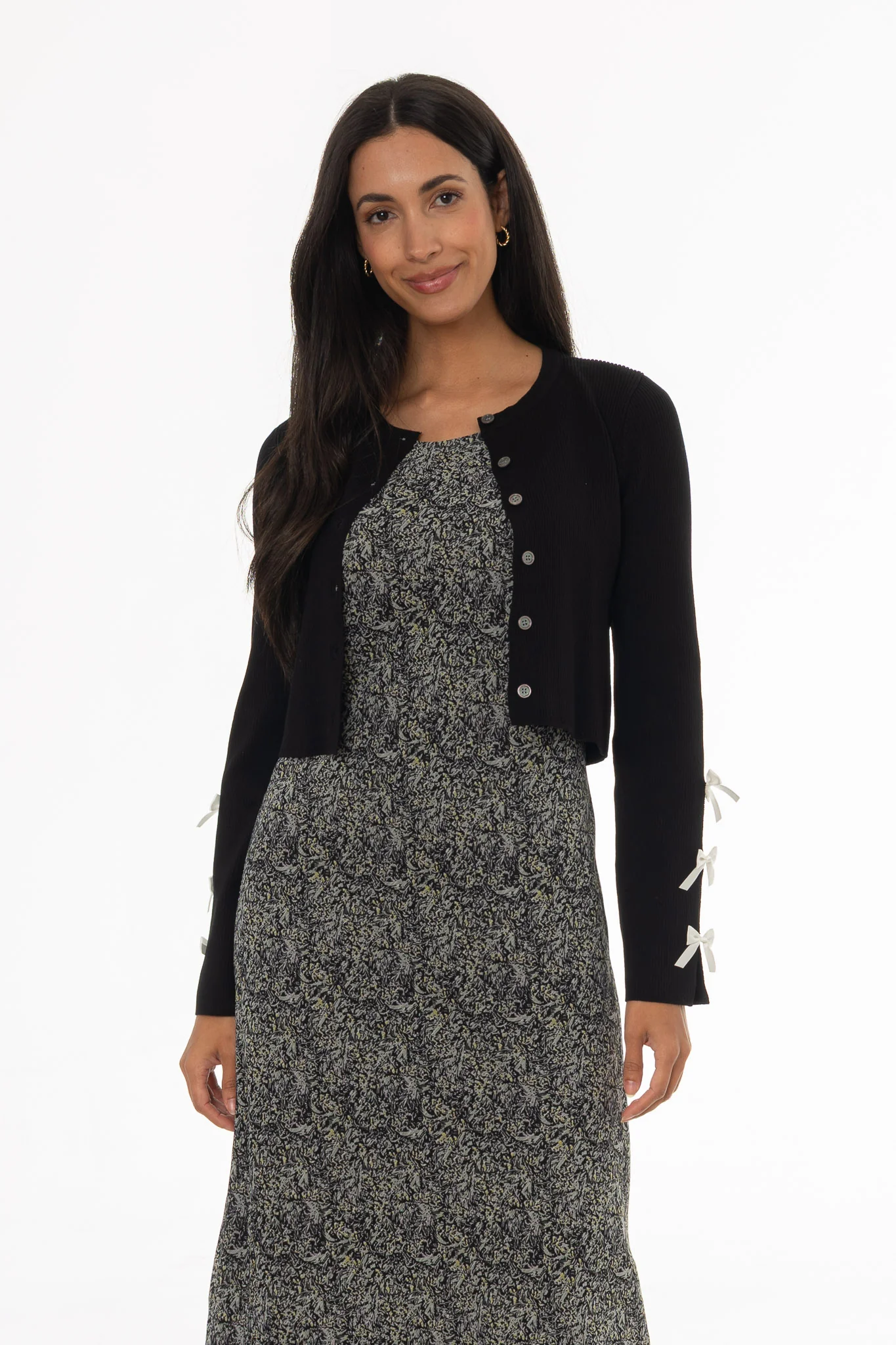 Black Bow Sleeve Detail Knit Cardigan