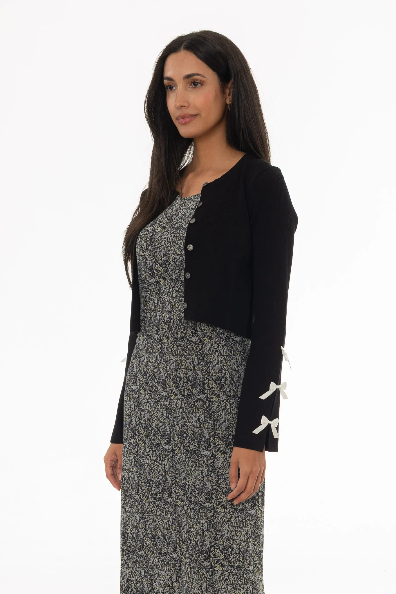 Black Bow Sleeve Detail Knit Cardigan - Image 3