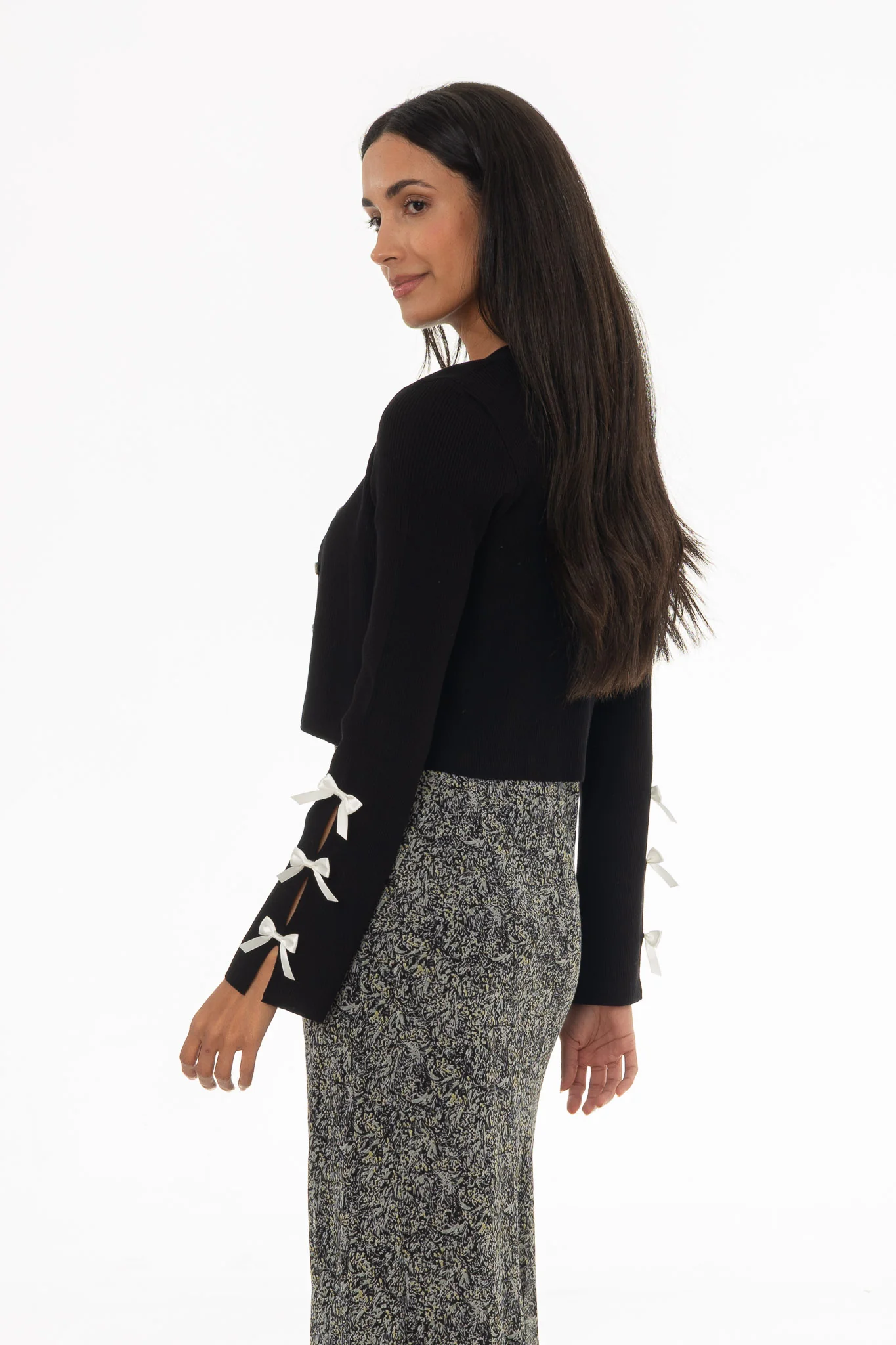 Black Bow Sleeve Detail Knit Cardigan - Image 4