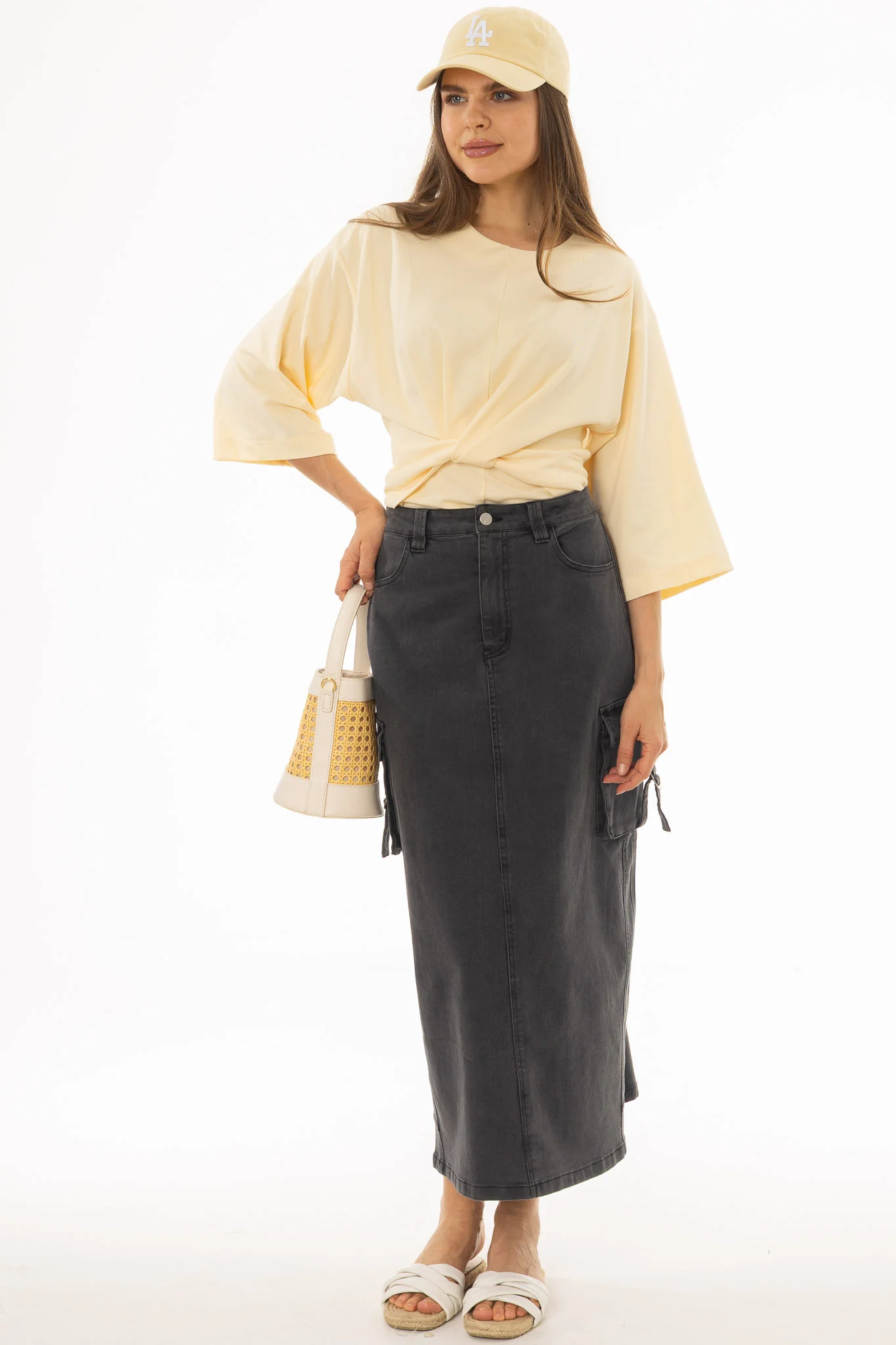 Black Cargo Denim Maxi Skirt