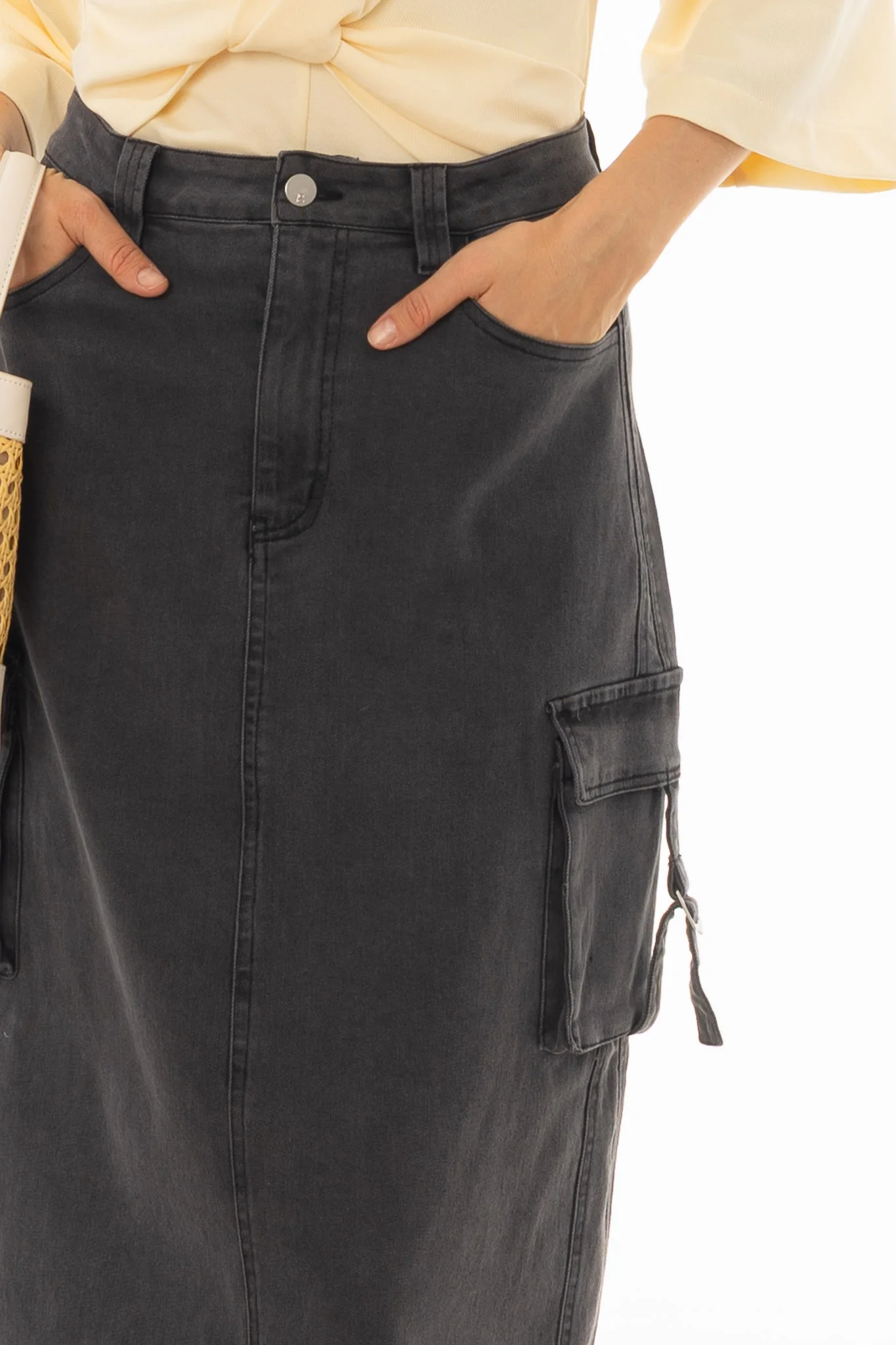 Black Cargo Denim Maxi Skirt - Image 2