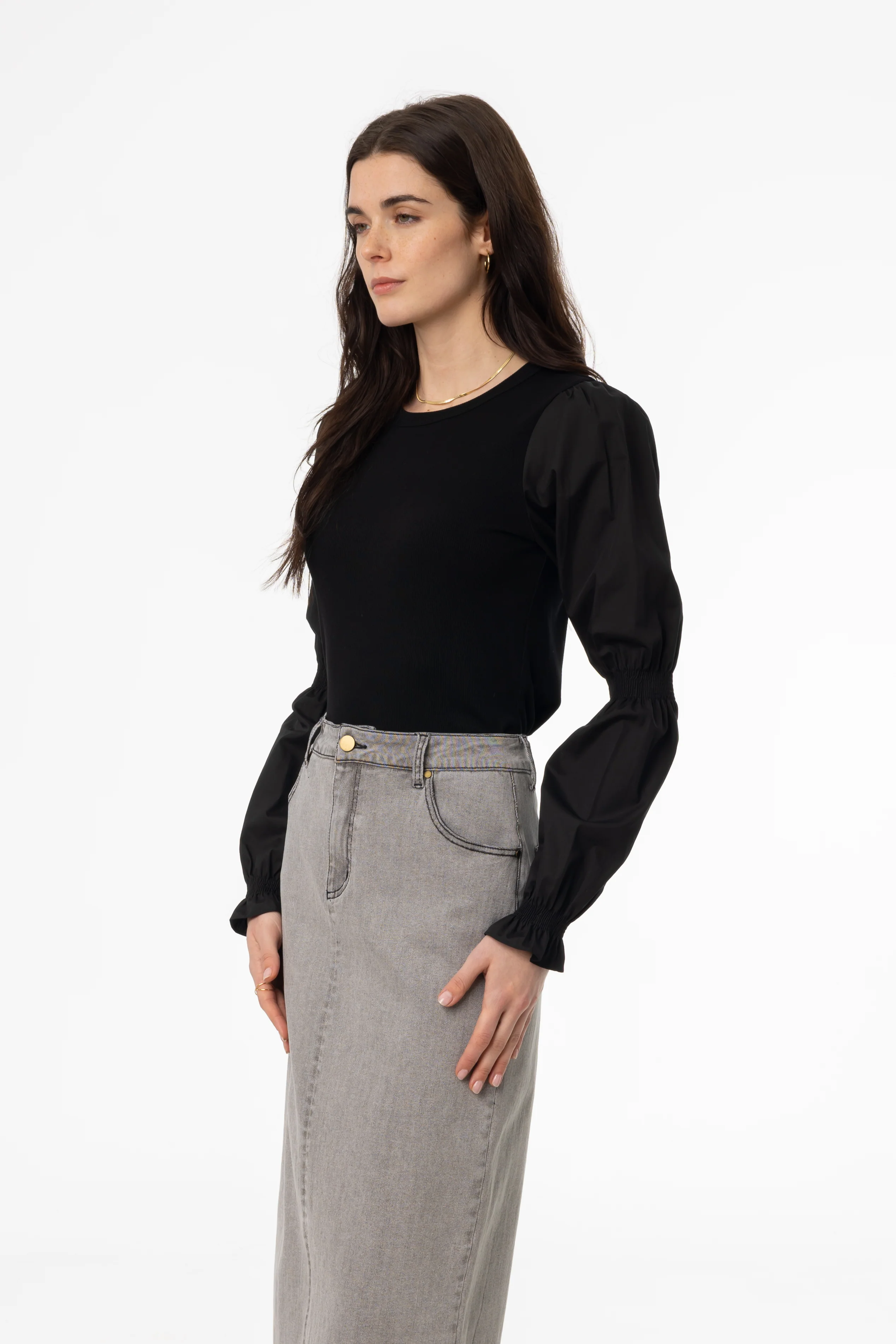 Black Combo Gathered Sleeve T-Shirt - Image 2