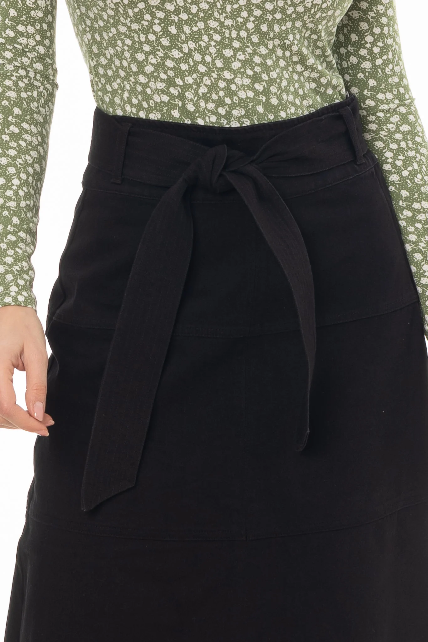 Black Denim Belted A-Line Maxi Skirt - Image 2
