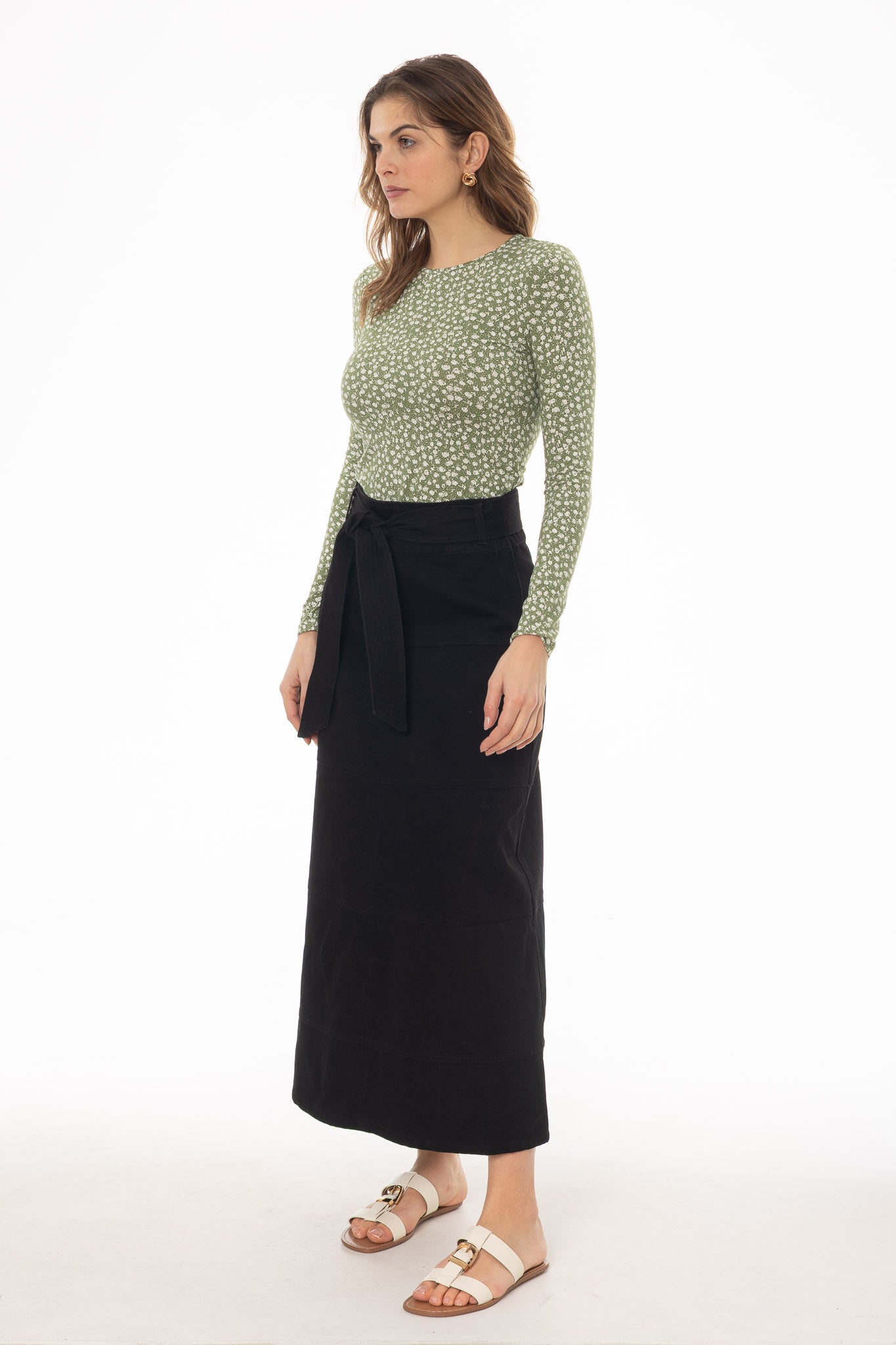 Black Denim Belted A-Line Maxi Skirt - Image 3