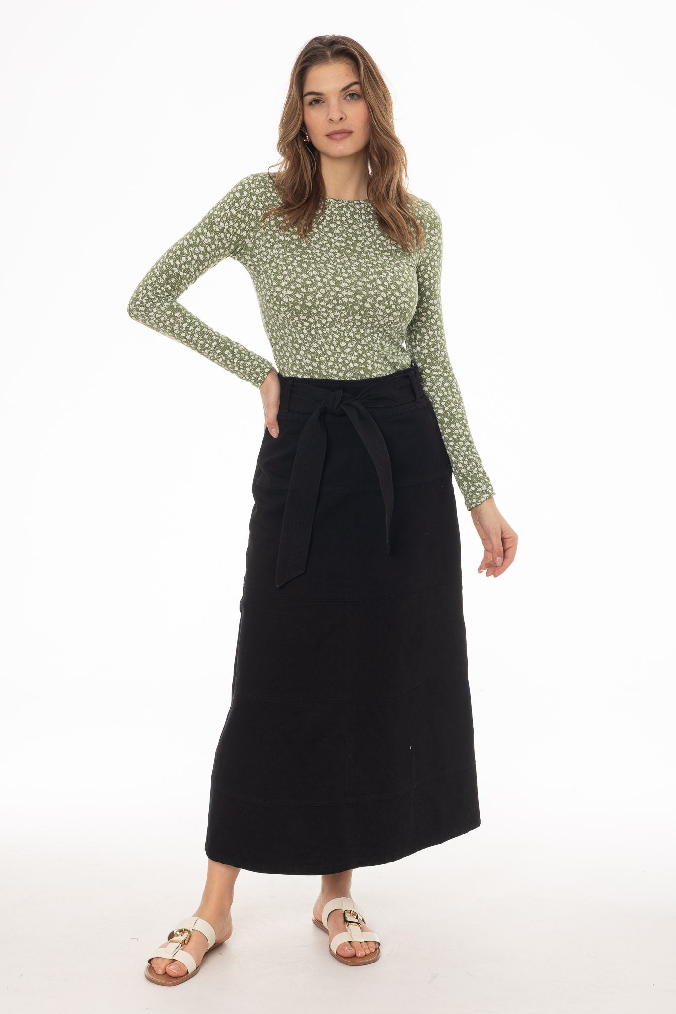 Black Denim Belted A-Line Maxi Skirt - Image 5