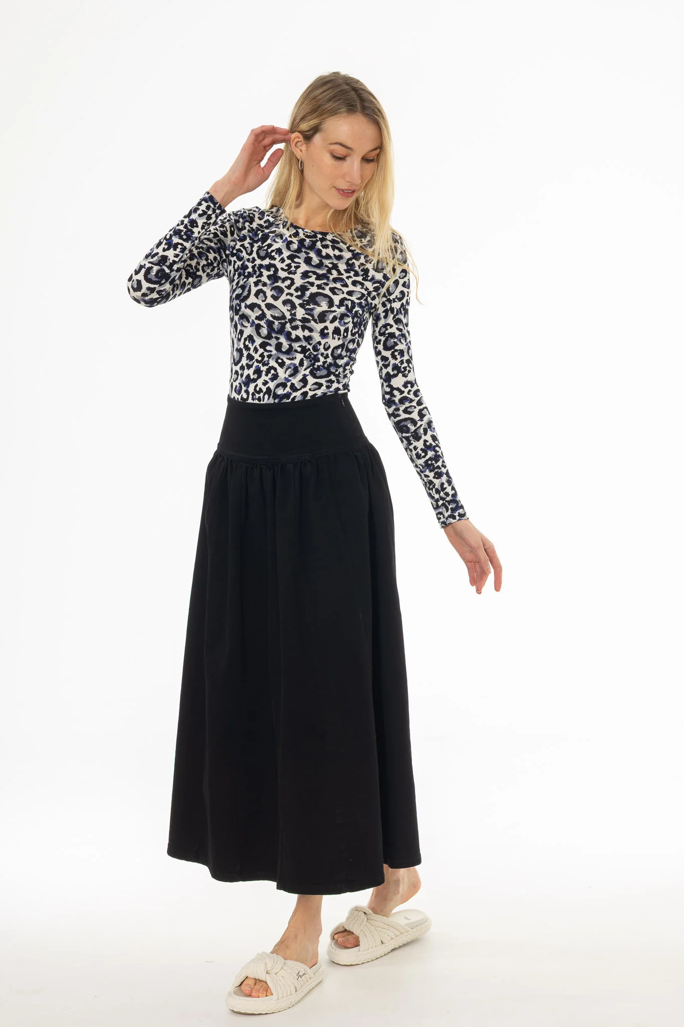 Black Denim Gathered Maxi Skirt - Image 3