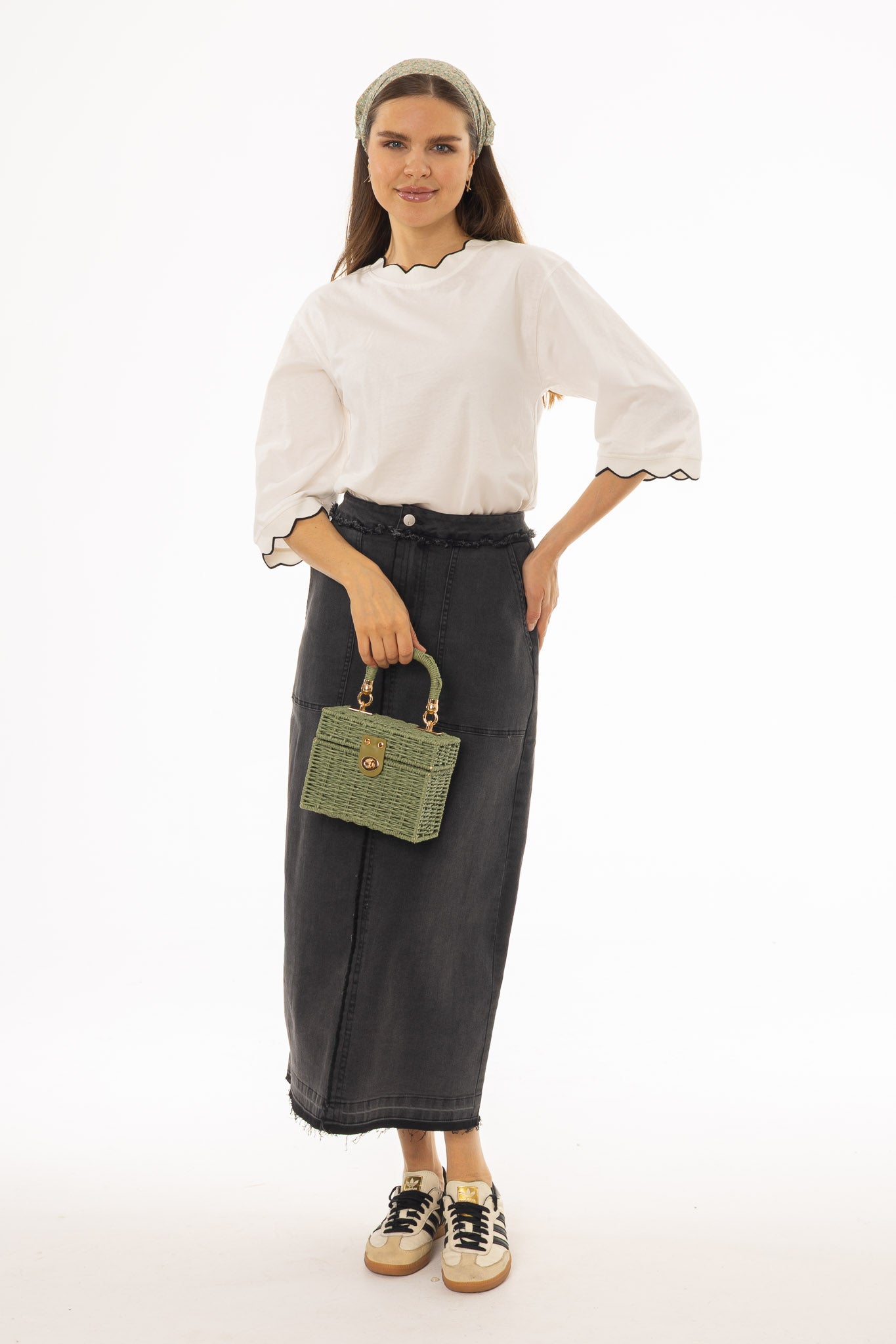 Black Denim Pocket Fringe Maxi Skirt