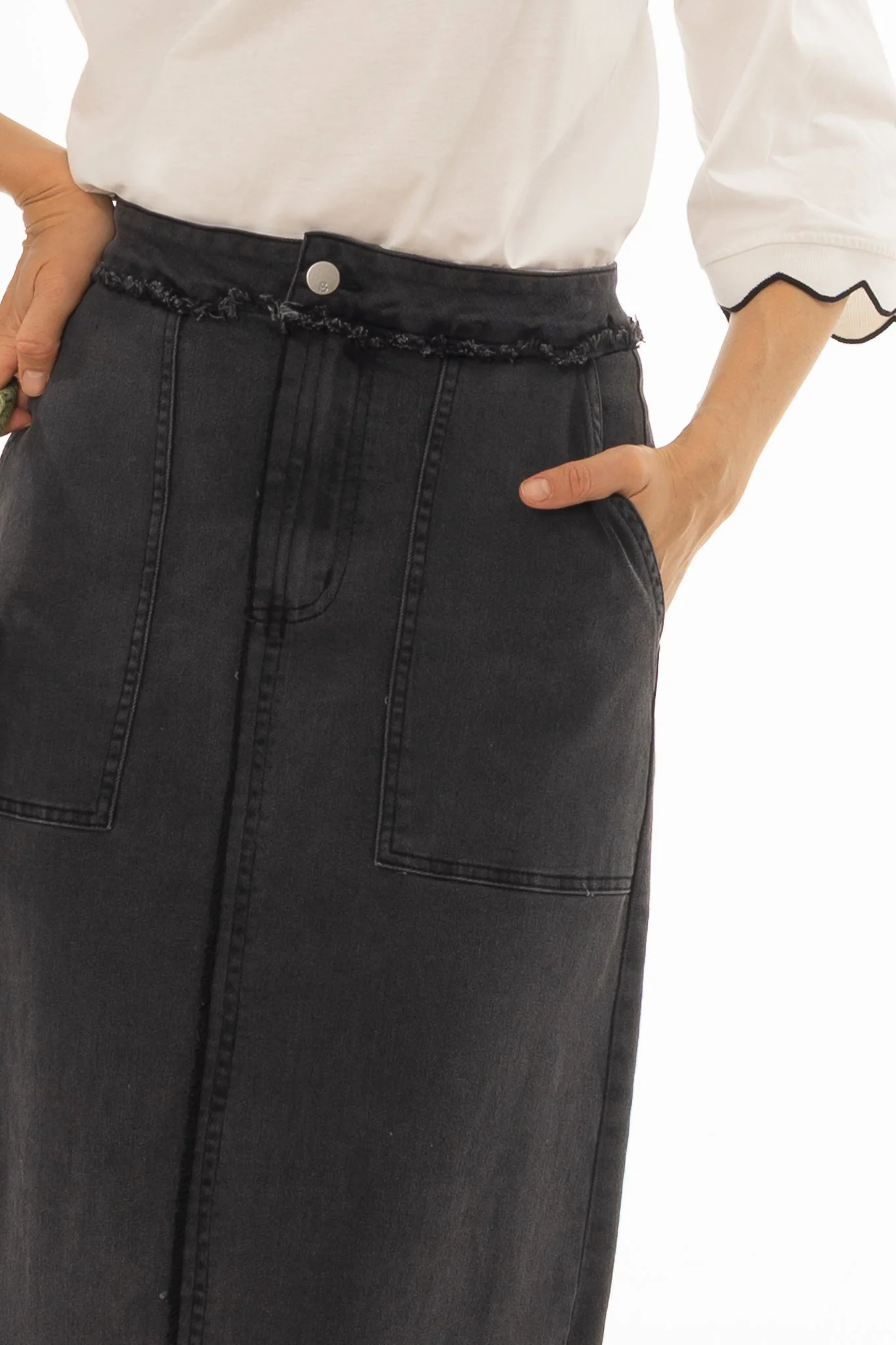 Black Denim Pocket Fringe Maxi Skirt - Image 2