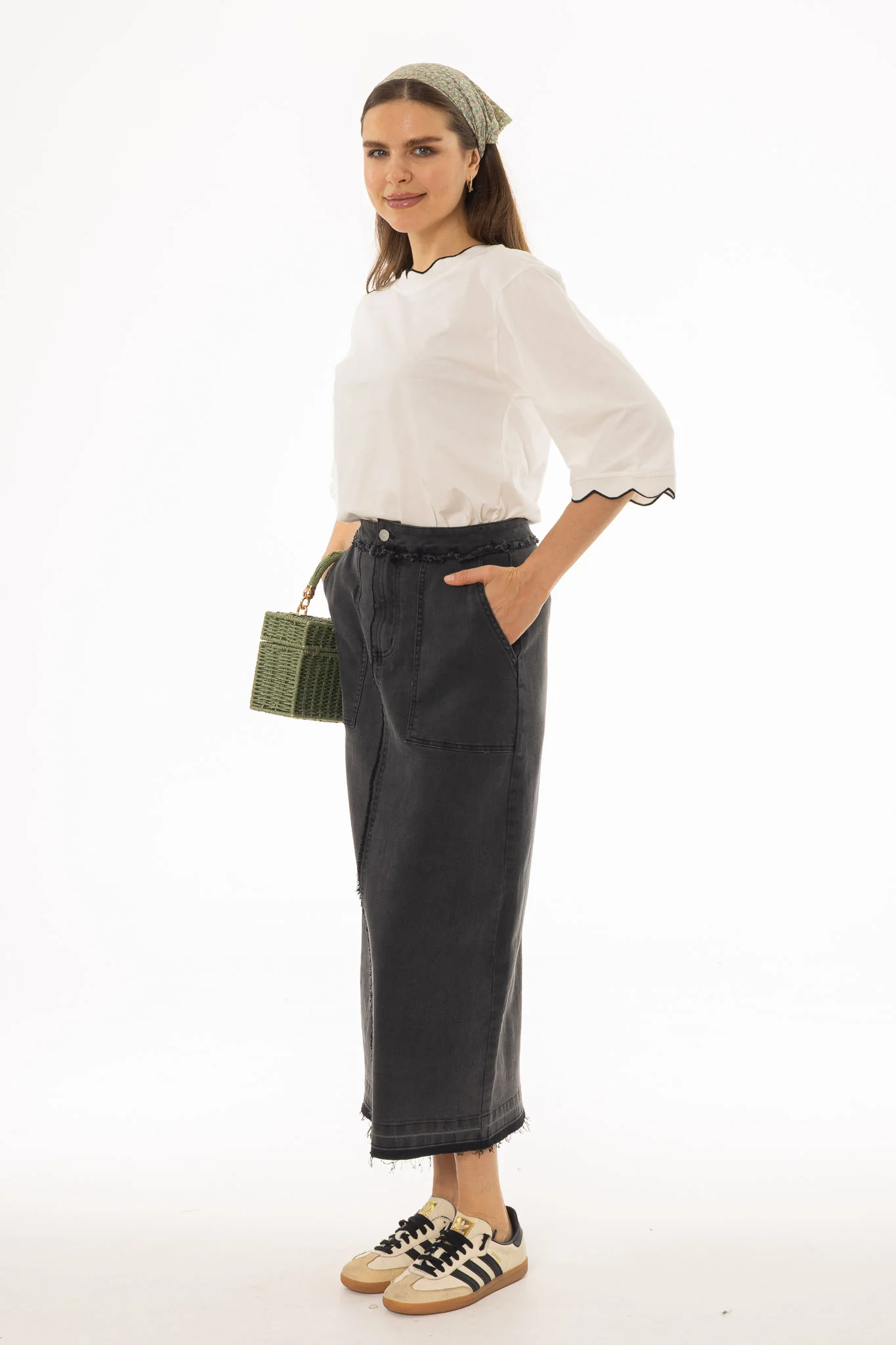 Black Denim Pocket Fringe Maxi Skirt - Image 3