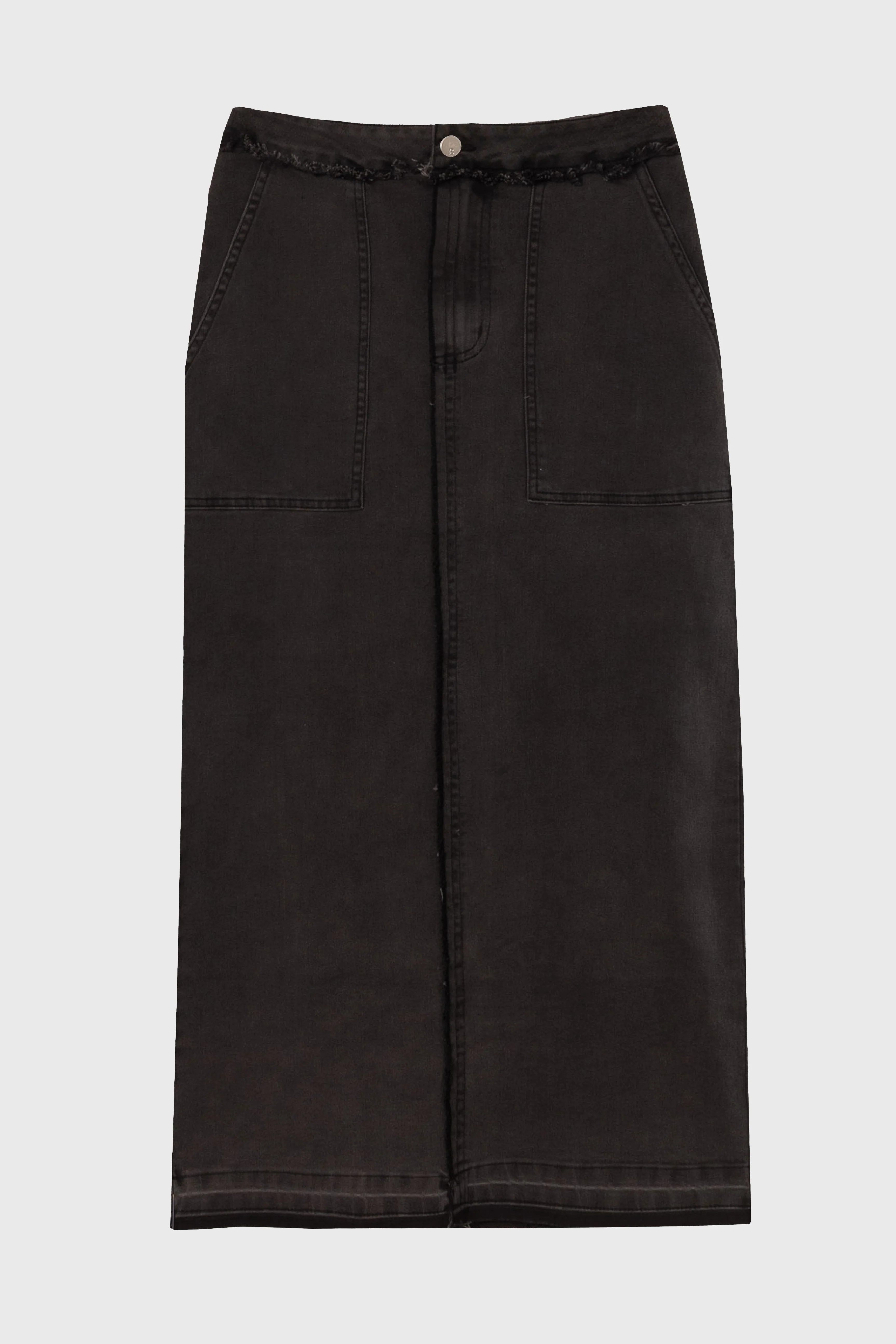 Black Denim Pocket Fringe Maxi Skirt - Image 6