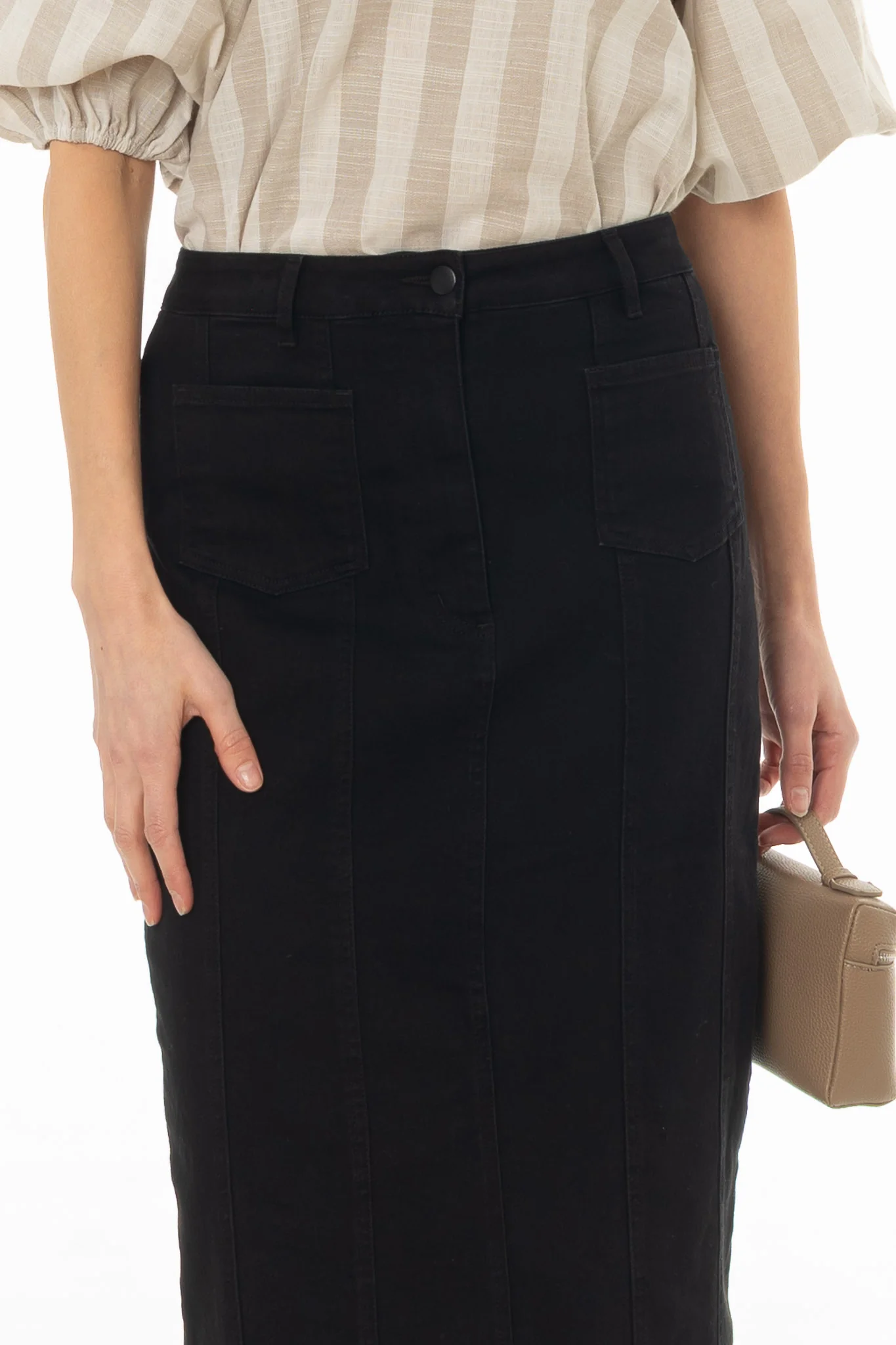 Black Denim Pocket Seam Maxi Skirt - Image 2