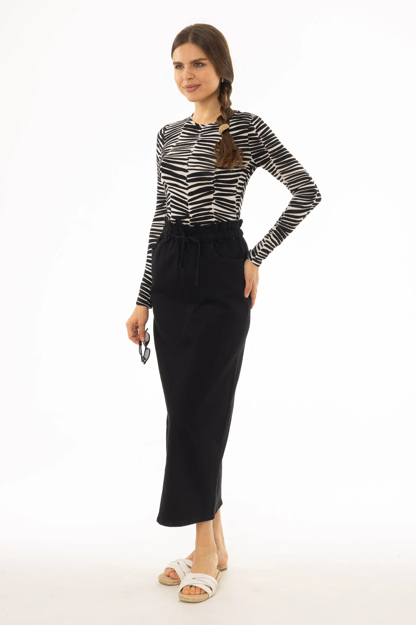 Black Drawstring Denim Maxi Skirt - Image 2