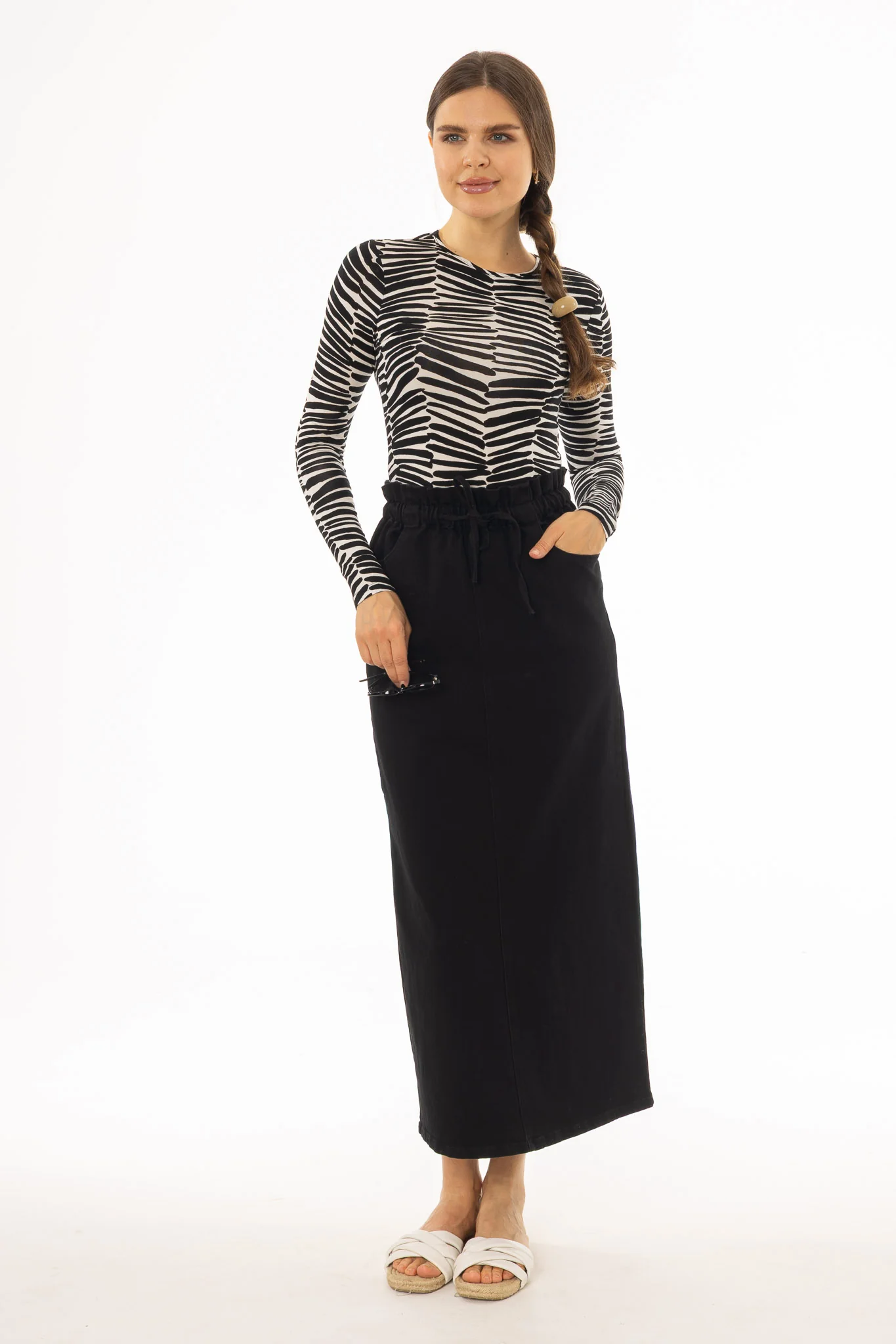 Black Drawstring Denim Maxi Skirt - Image 4