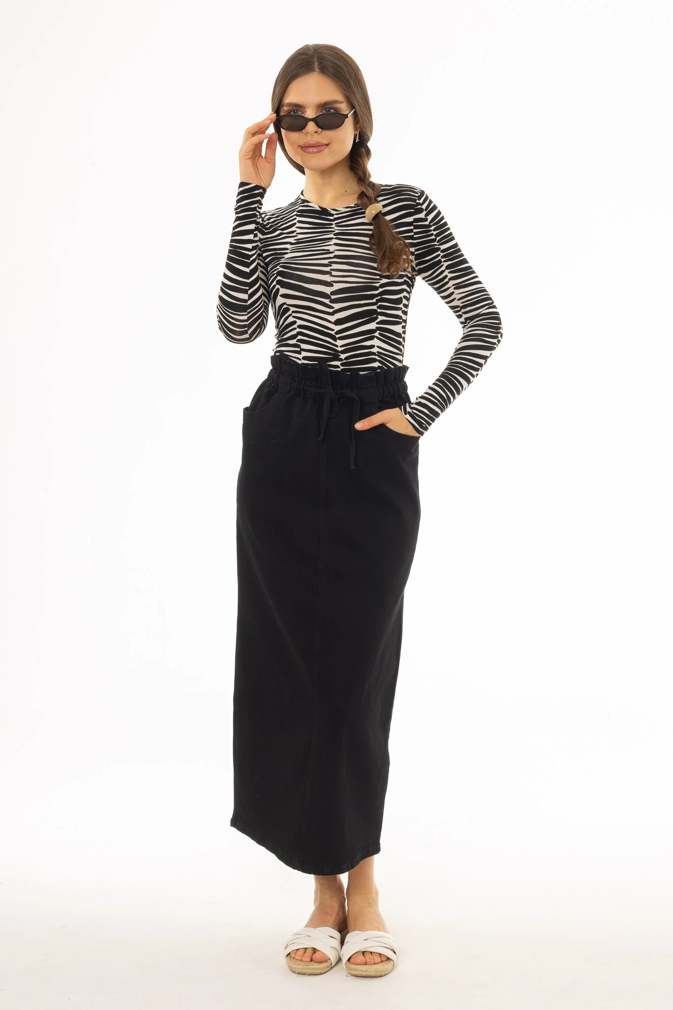 Black Drawstring Denim Maxi Skirt - Image 5