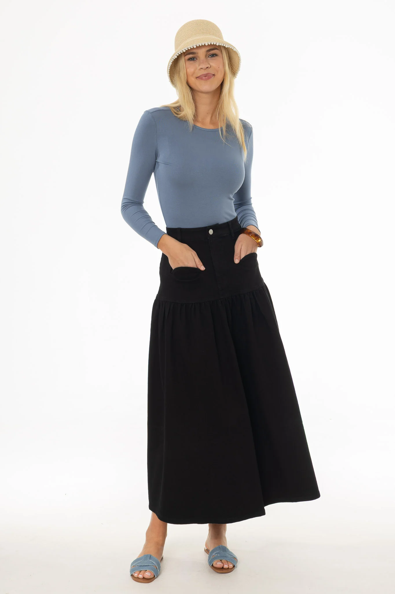 Black Drop Waist Denim Skirt