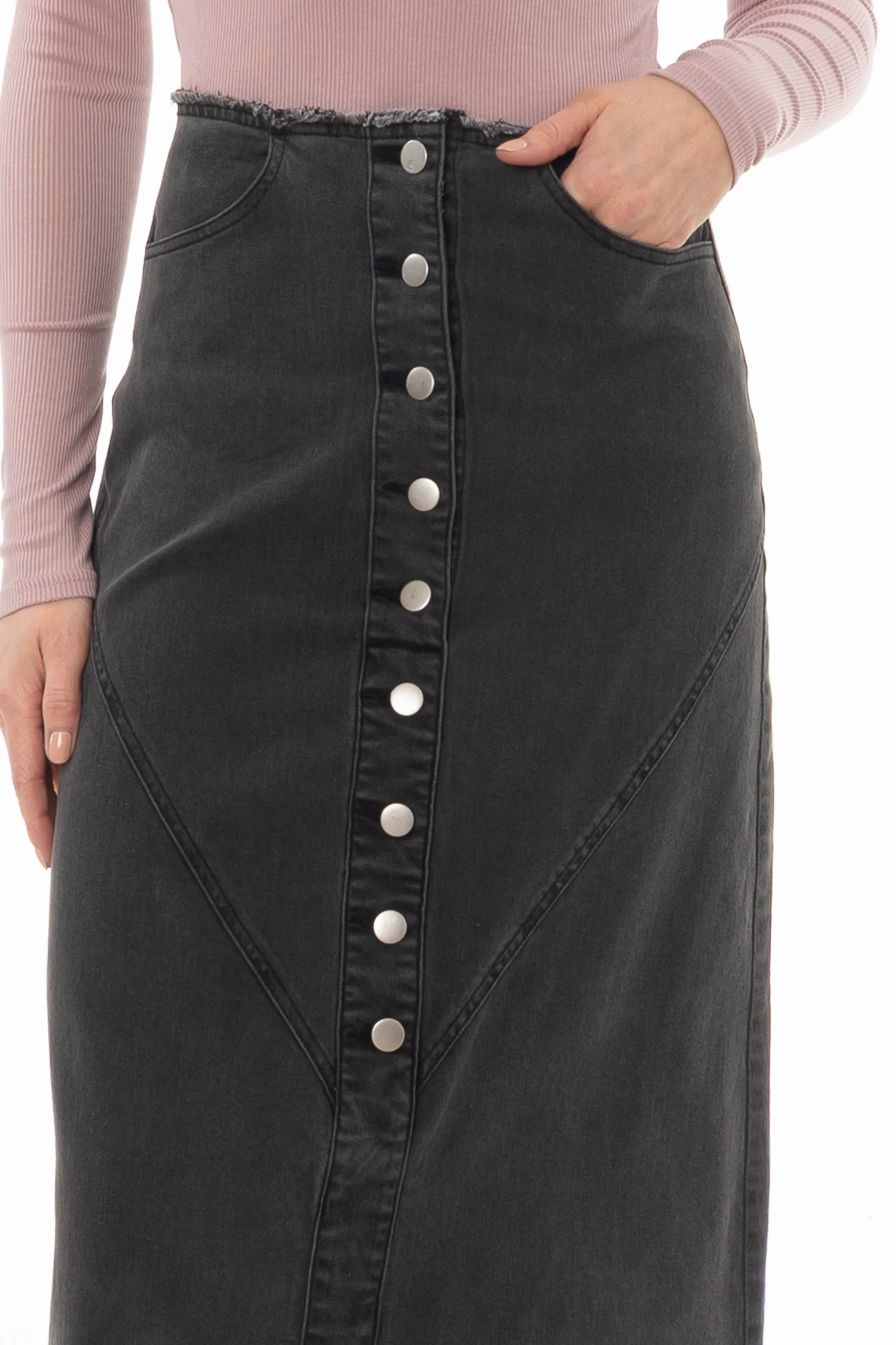 Black Fringe Button Denim Maxi Skirt - Image 2
