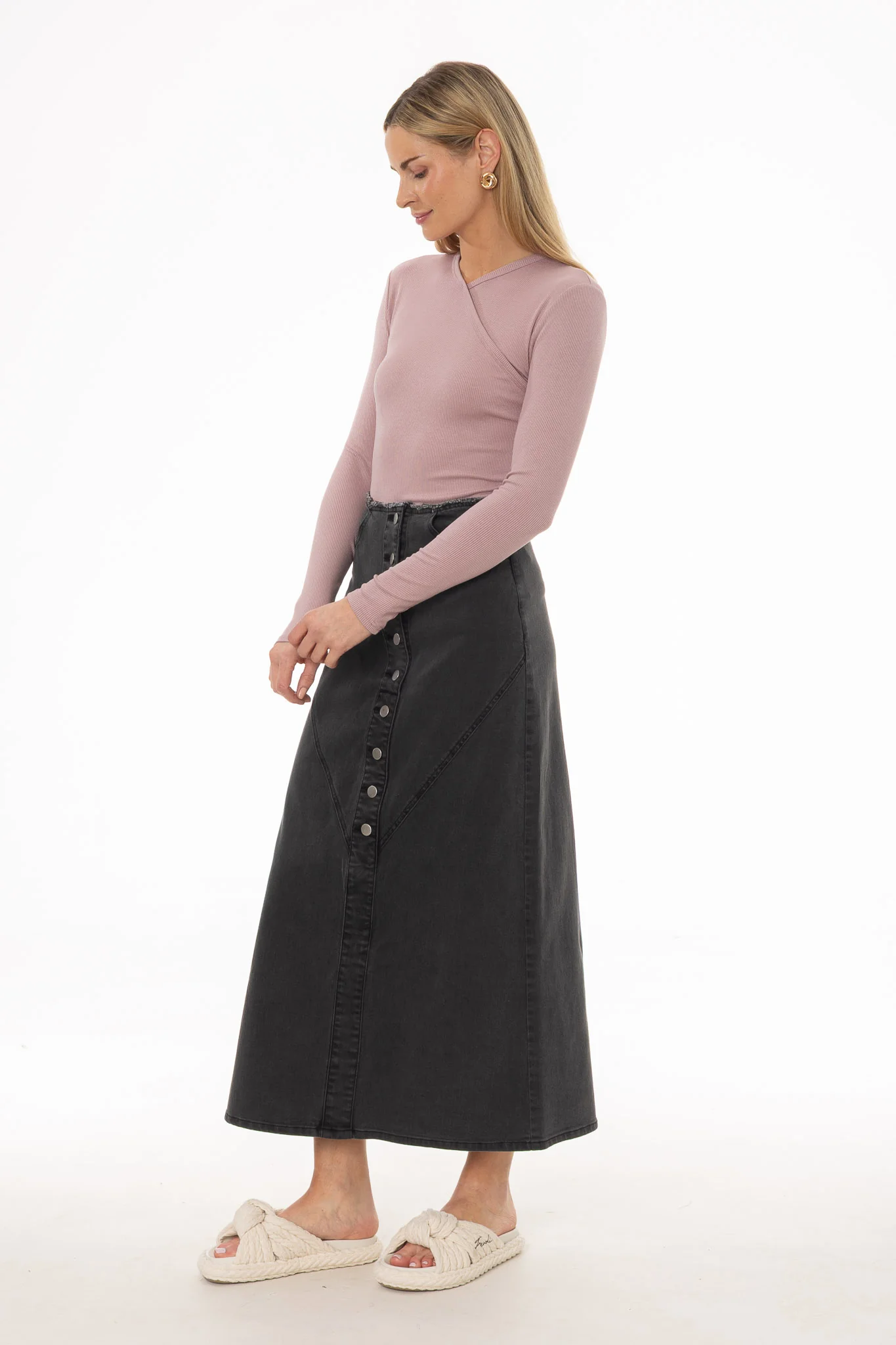 Black Fringe Button Denim Maxi Skirt - Image 3