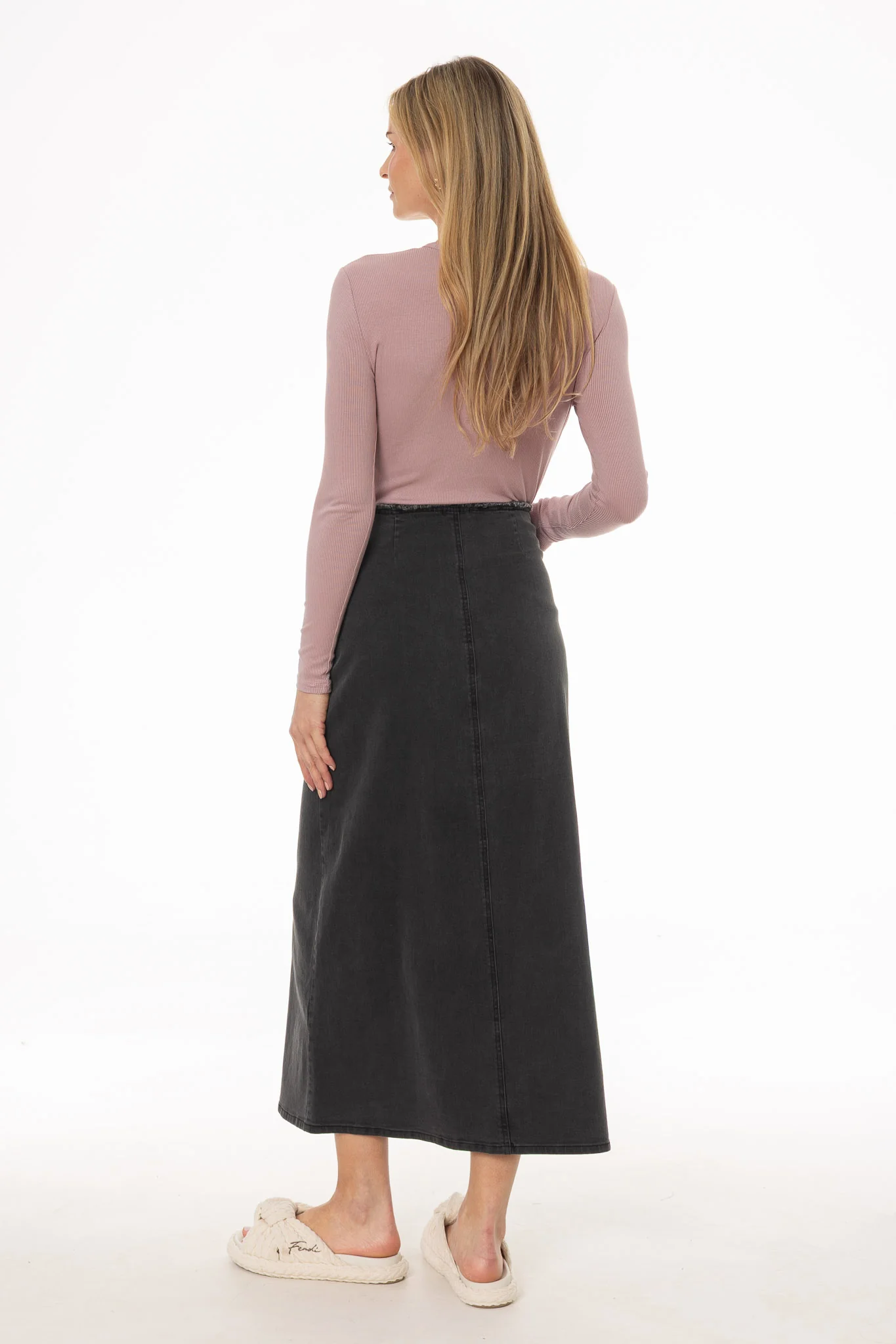 Black Fringe Button Denim Maxi Skirt - Image 4