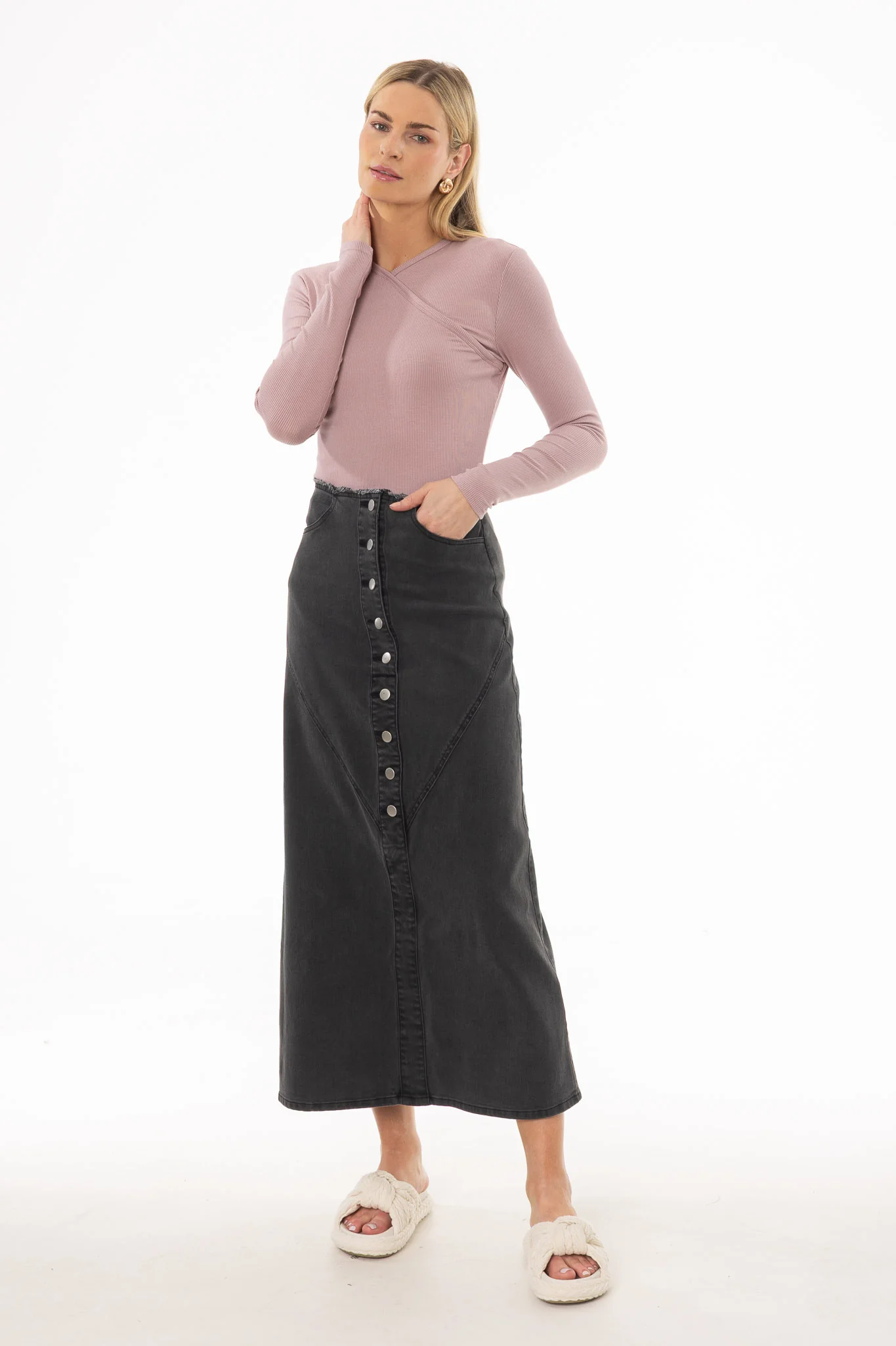 Black Fringe Button Denim Maxi Skirt - Image 5