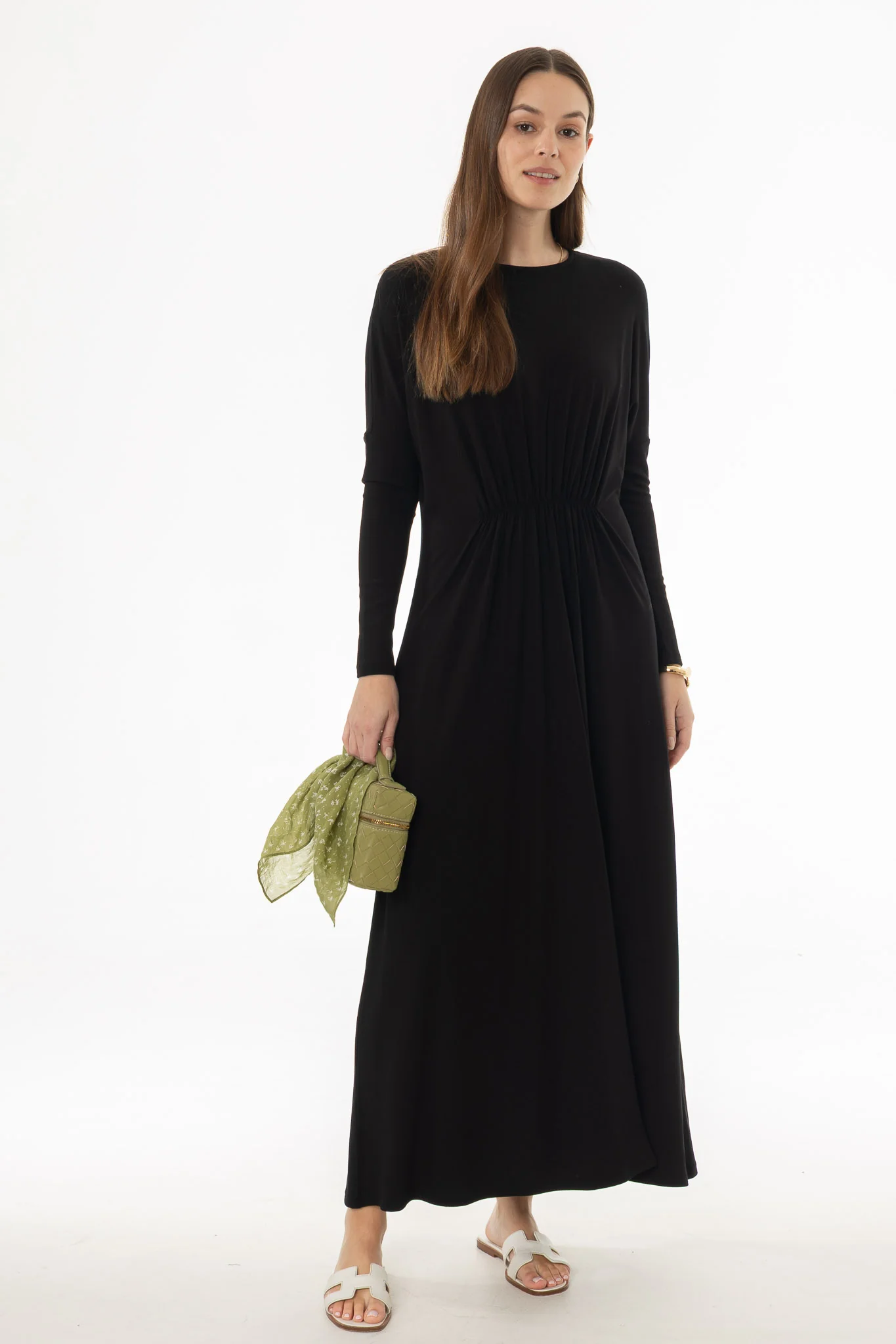 Black Gathered Waist Maxi Dress