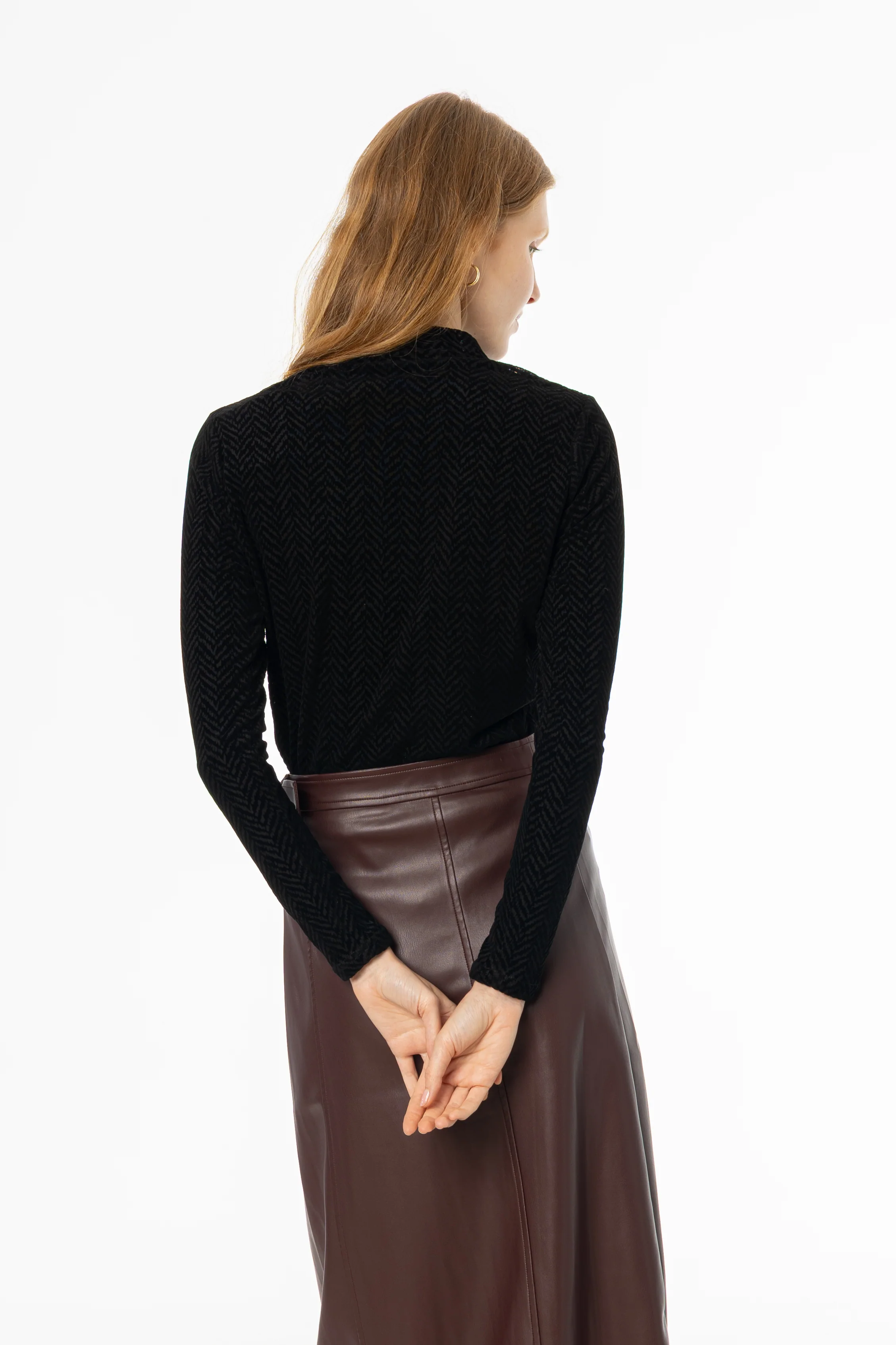 Black Herringbone Velvet Mock Neck Top - Image 3