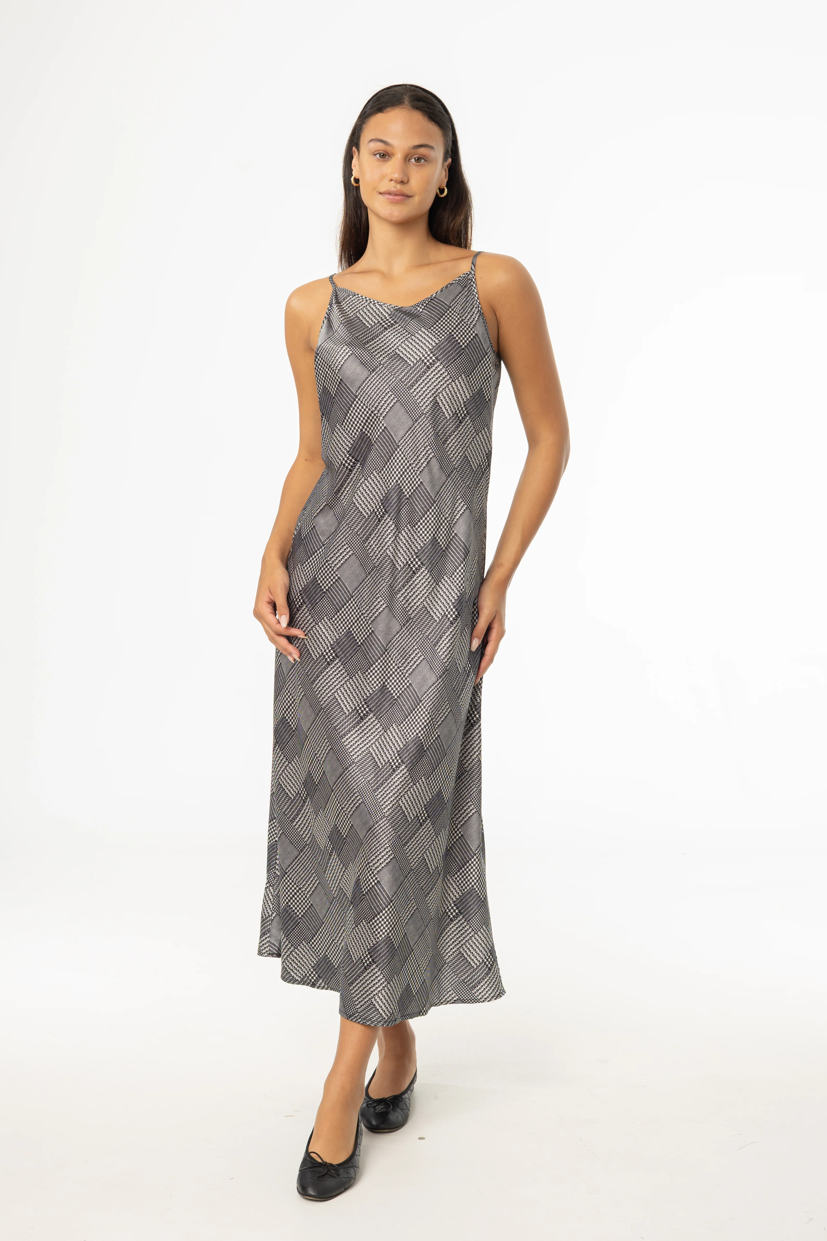 Black Houndstooth Printed Slip Dress - Image 4