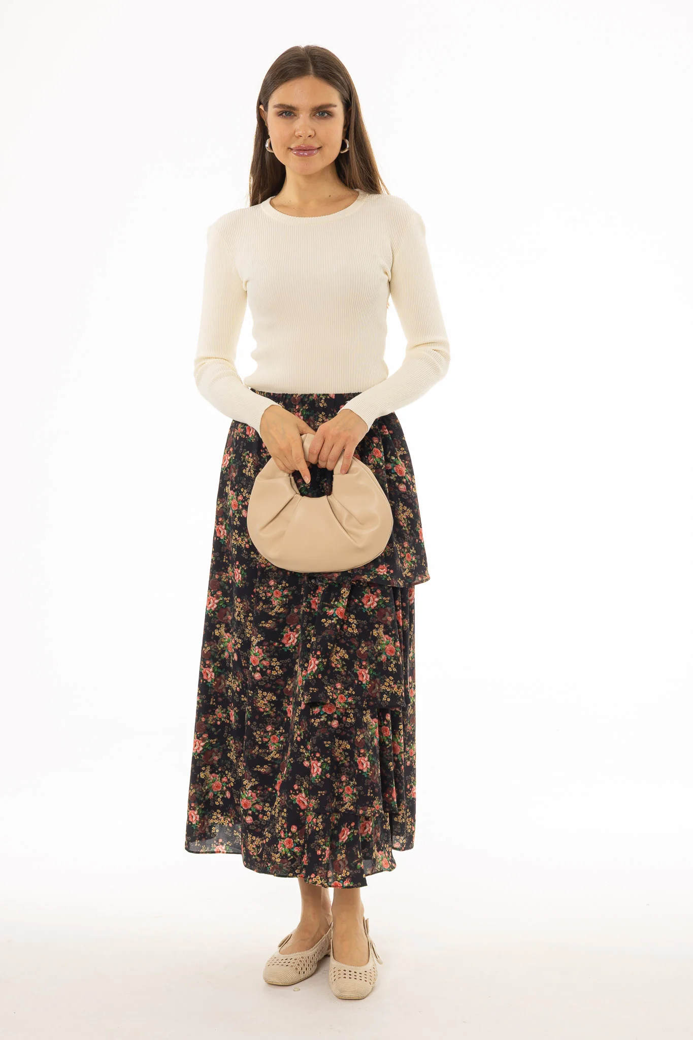 Black Multi Print Side Ruffle Maxi Skirt - Image 3