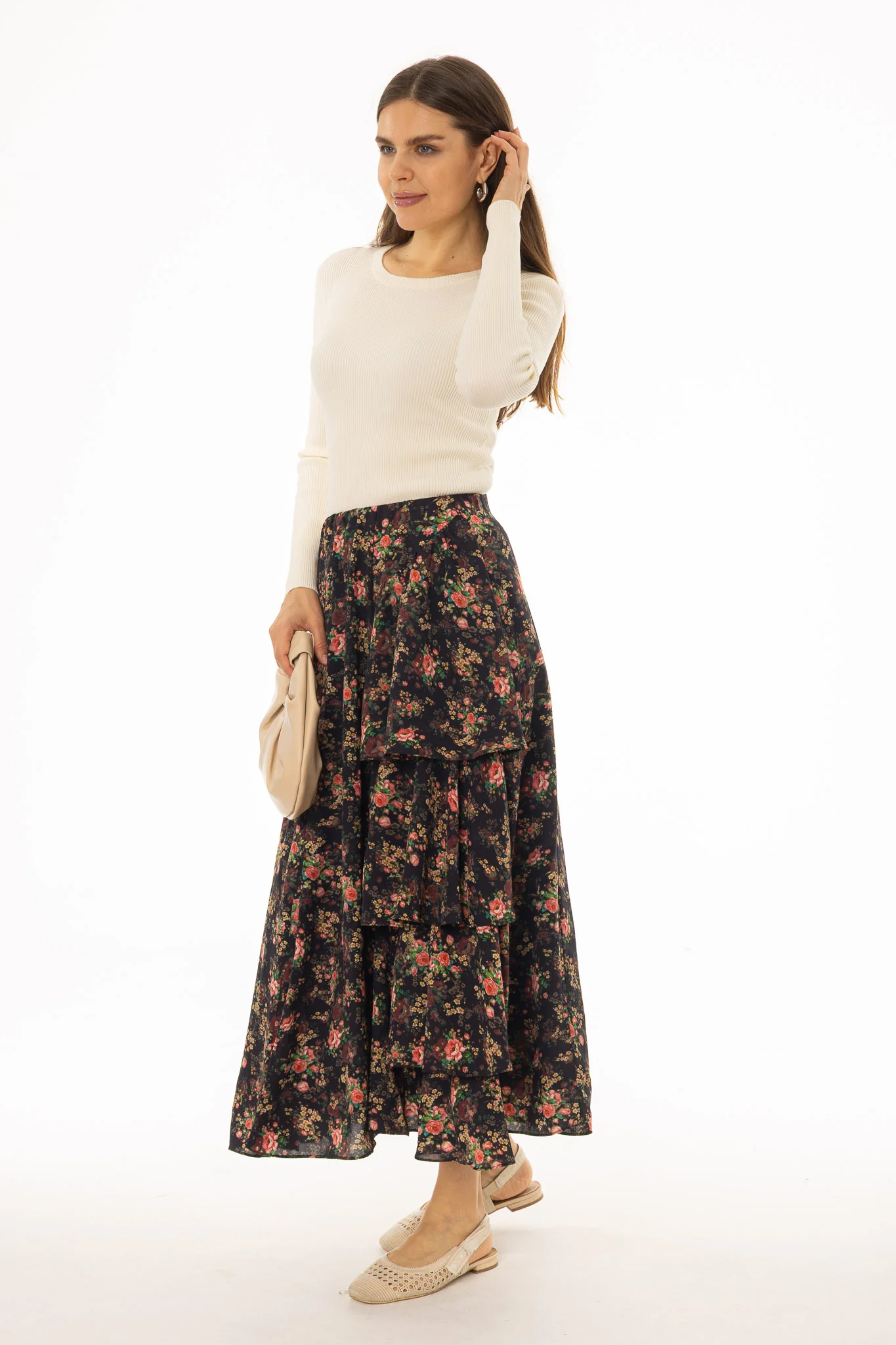 Black Multi Print Side Ruffle Maxi Skirt - Image 4