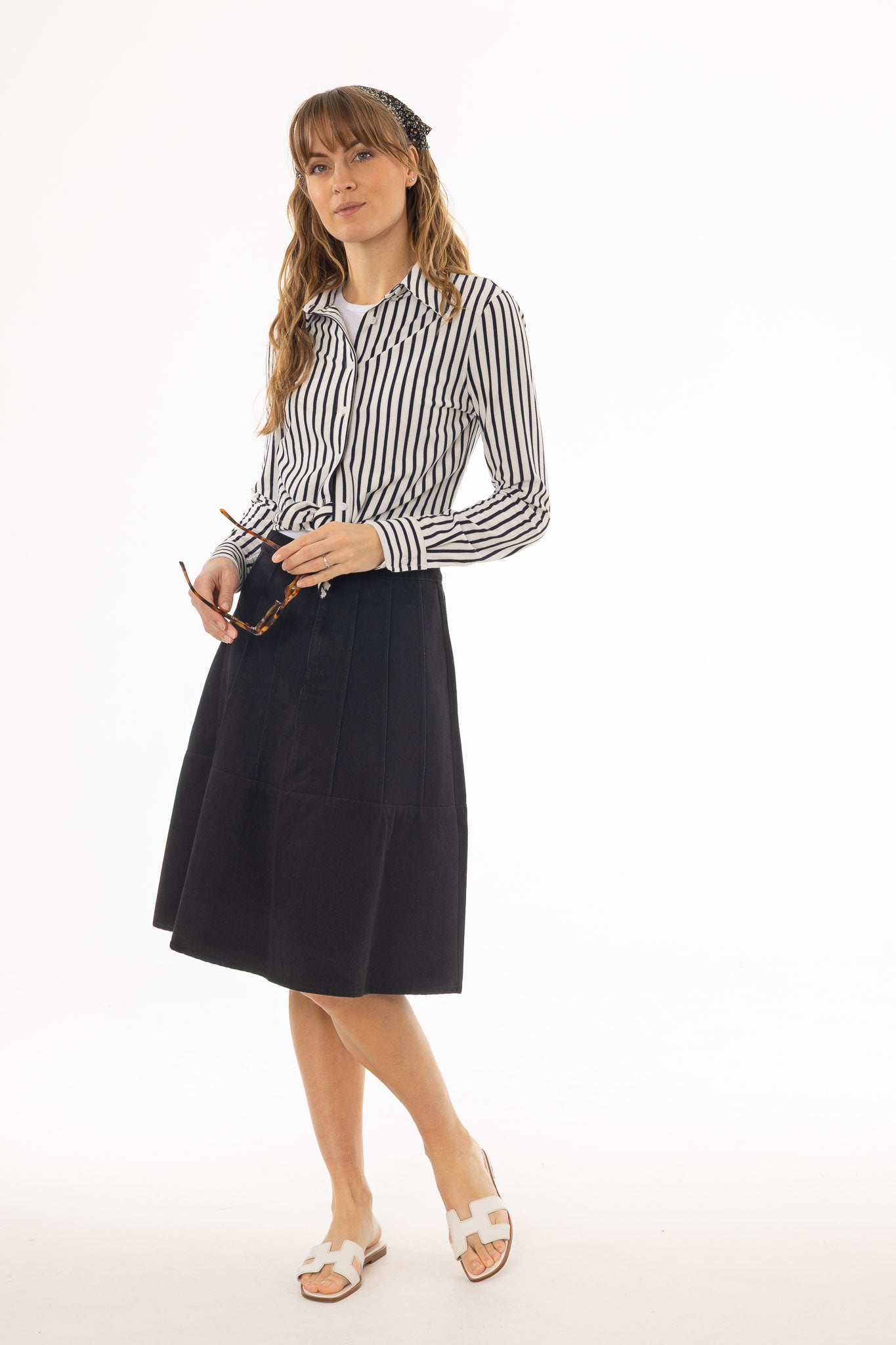 Black Panel Flare Denim Skirt - Image 5