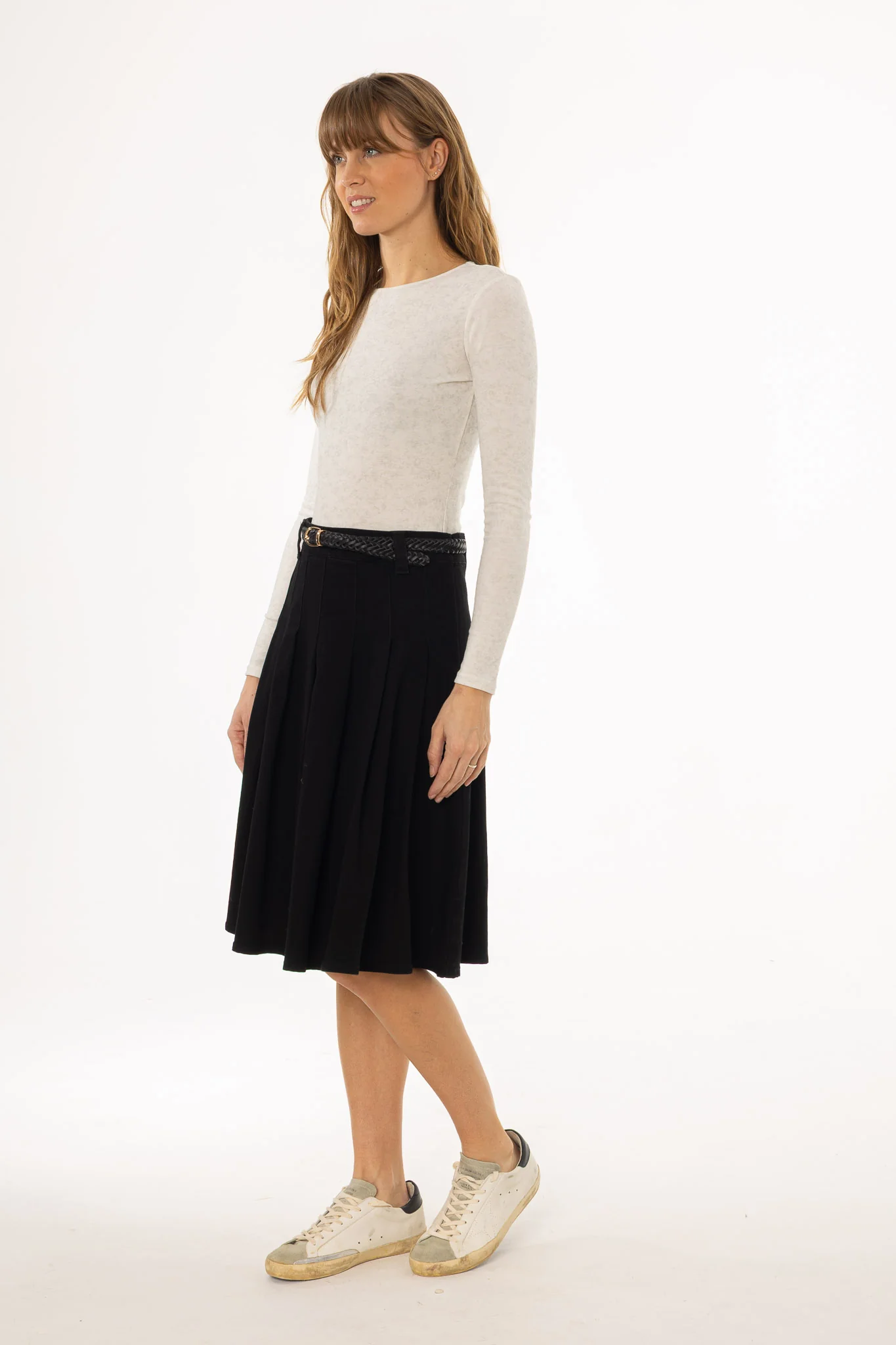 Black Pleated Denim Skirt - Image 3