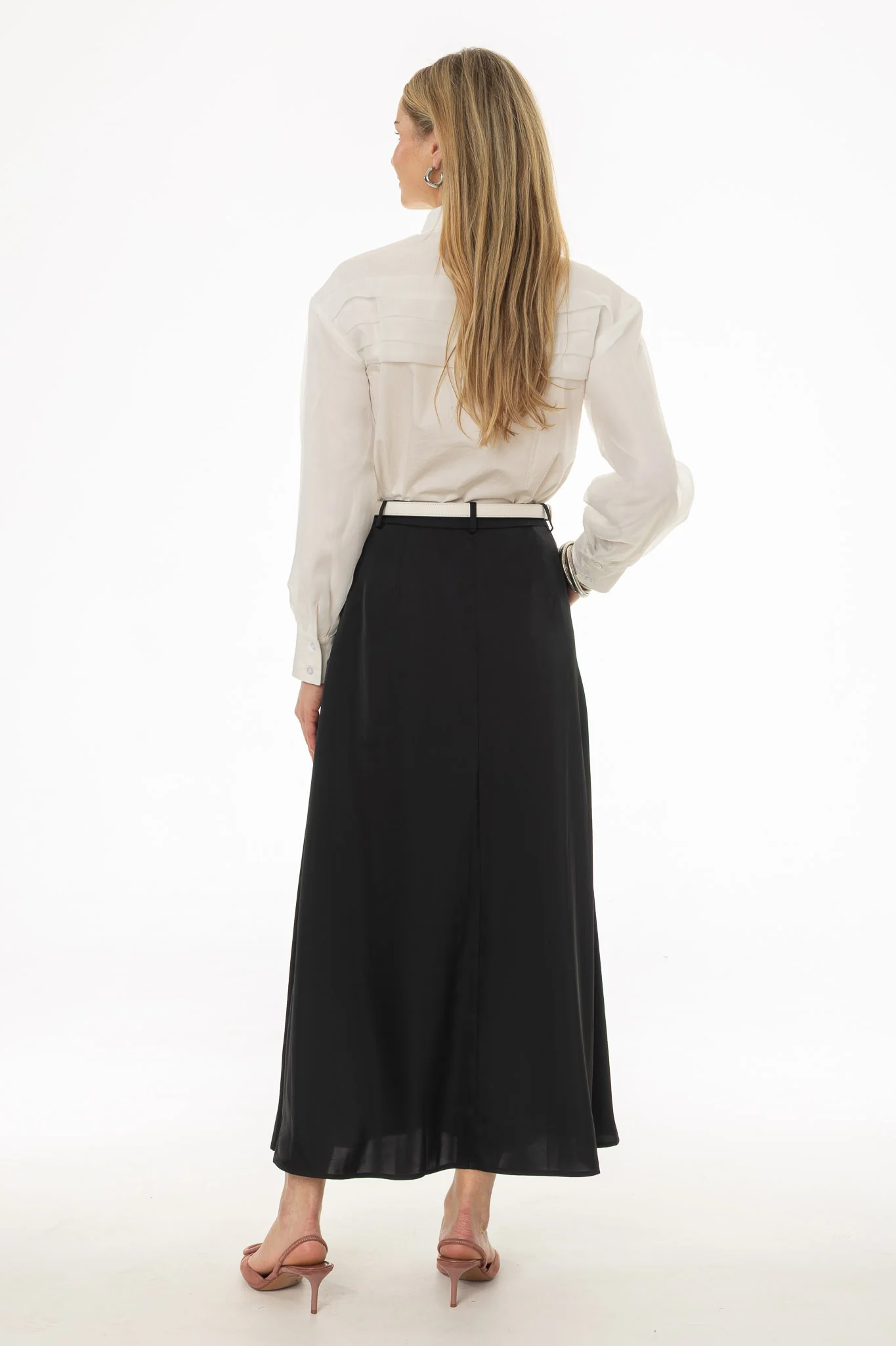 Black Pleated Satin Maxi Skirt - Image 4