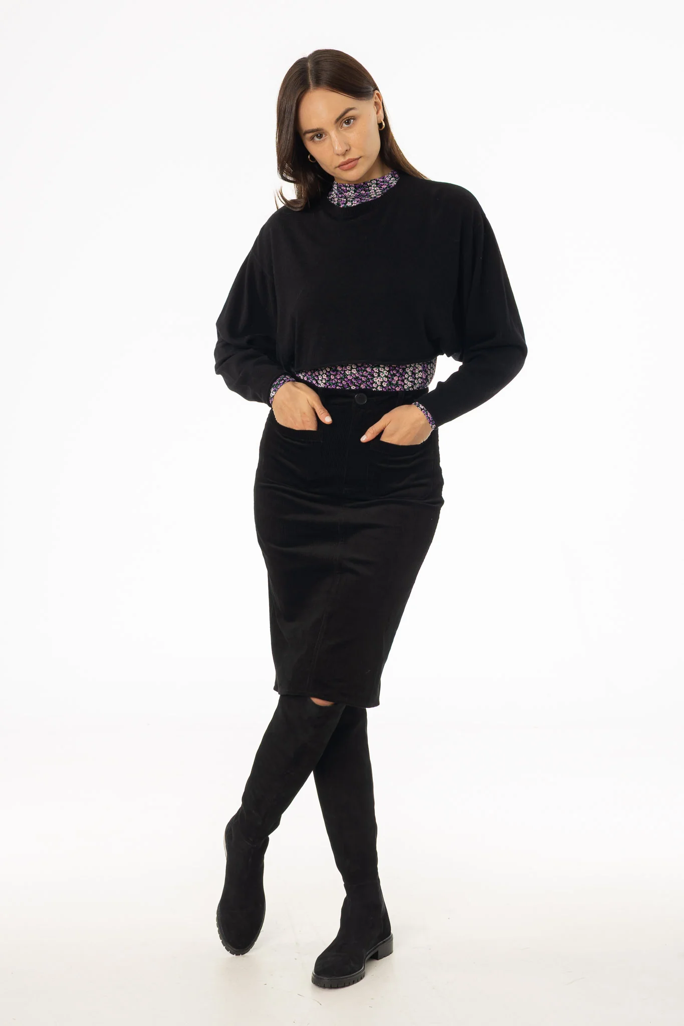 Black Pocket Corduroy Pencil Skirt - Image 5