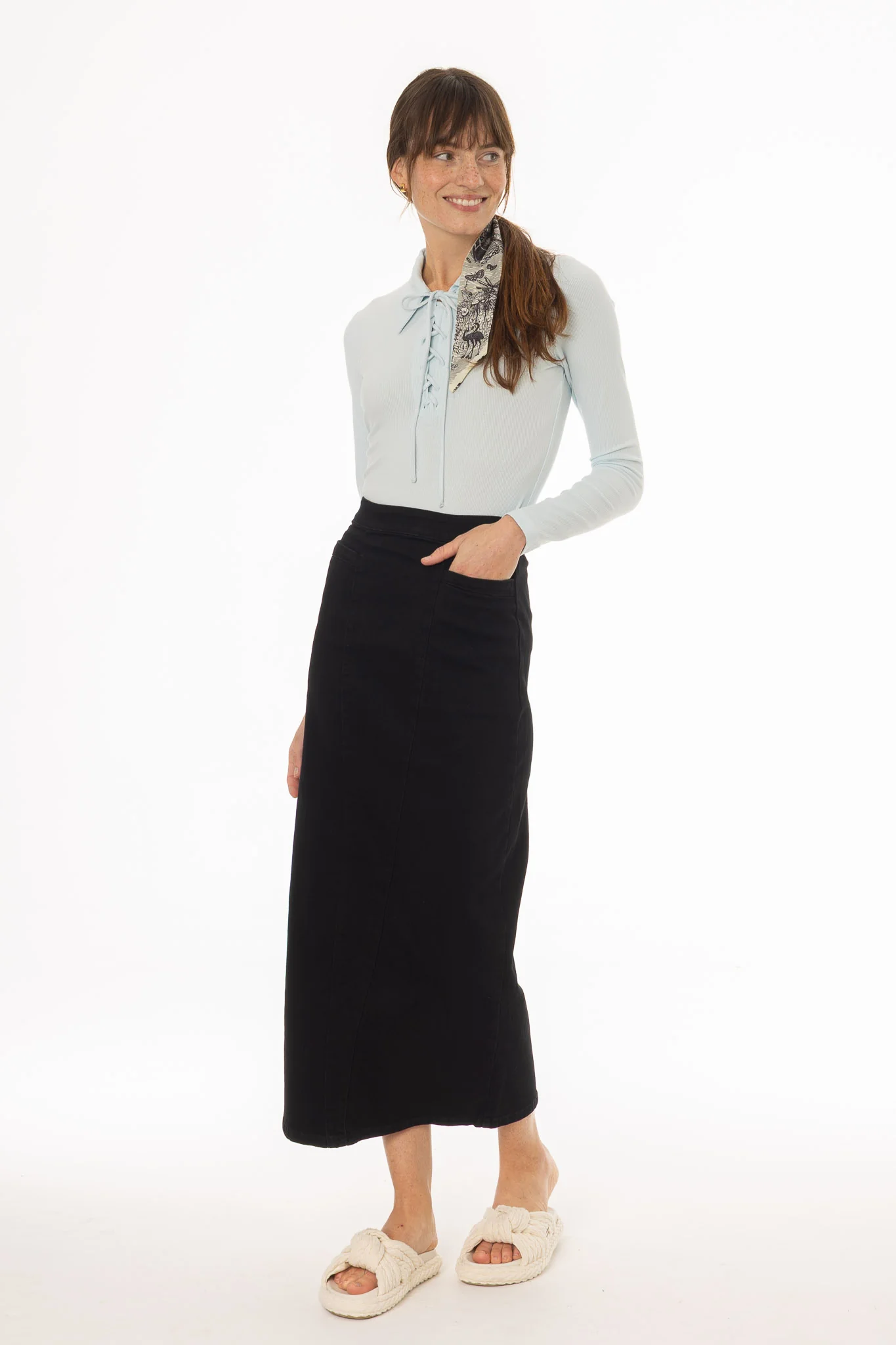 Black Pocket Stretch Denim Maxi Skirt - Image 2
