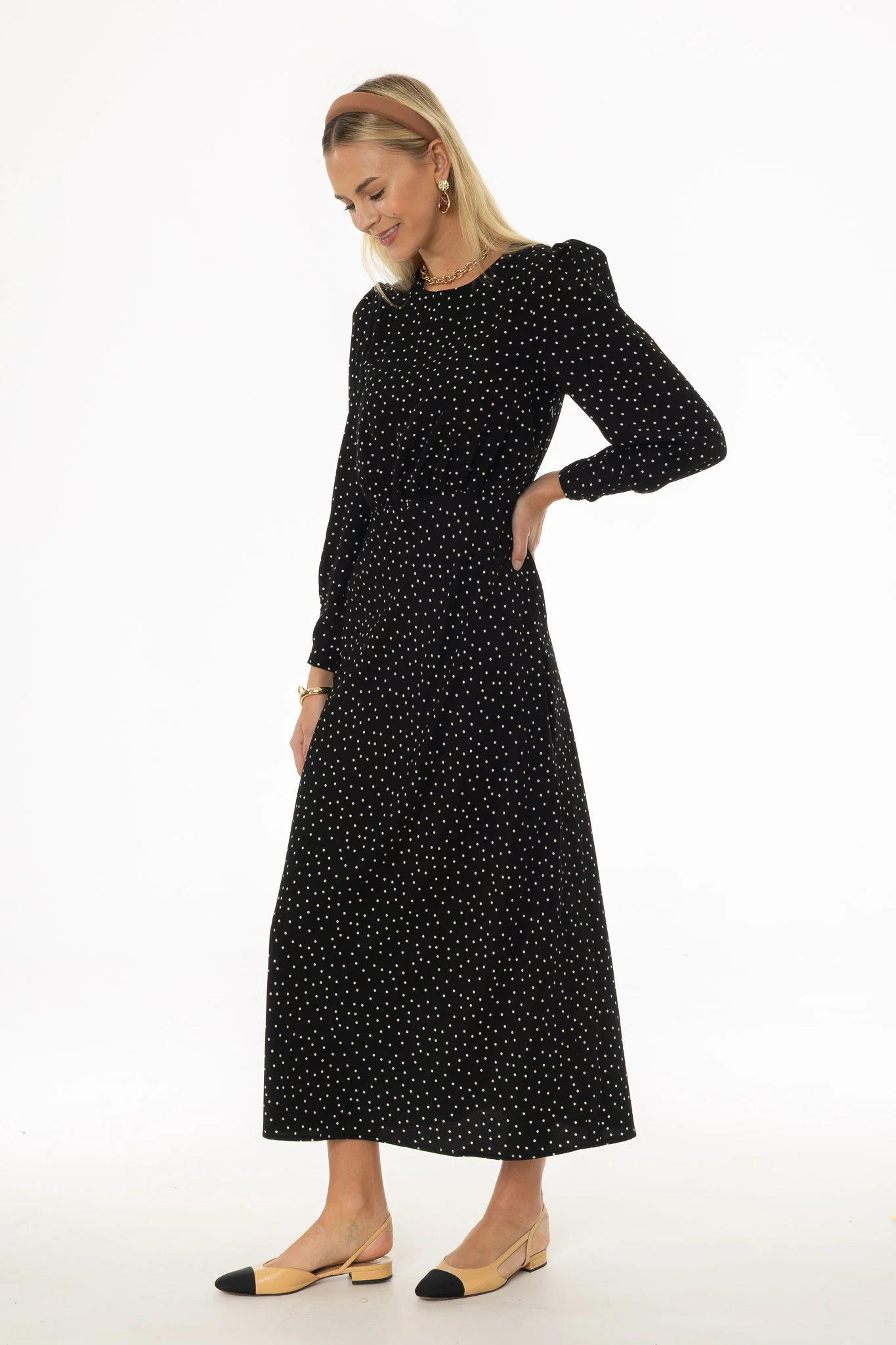Black Polka Dot Printed Waisted Maxi Dress - Image 3