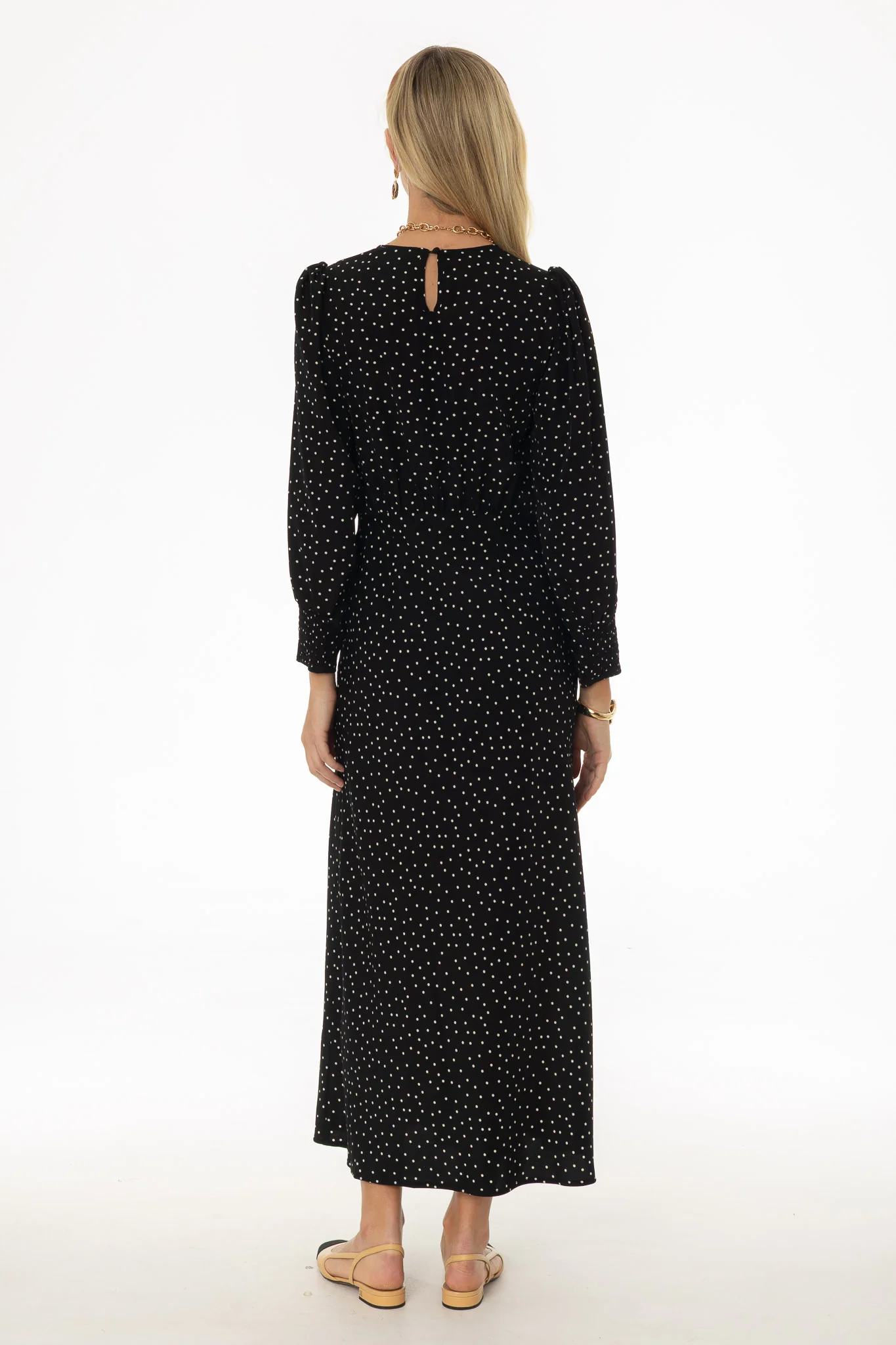 Black Polka Dot Printed Waisted Maxi Dress - Image 4