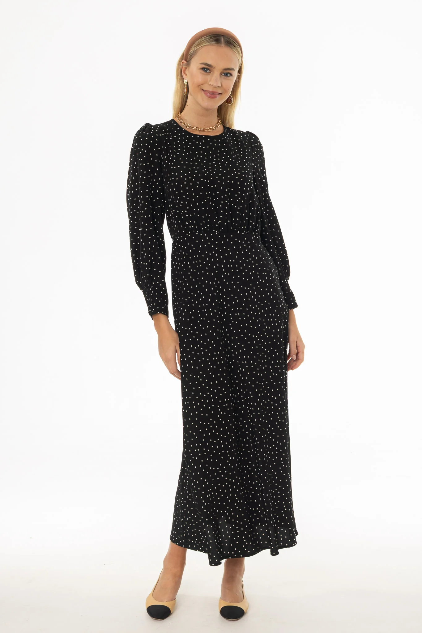 Black Polka Dot Printed Waisted Maxi Dress - Image 5