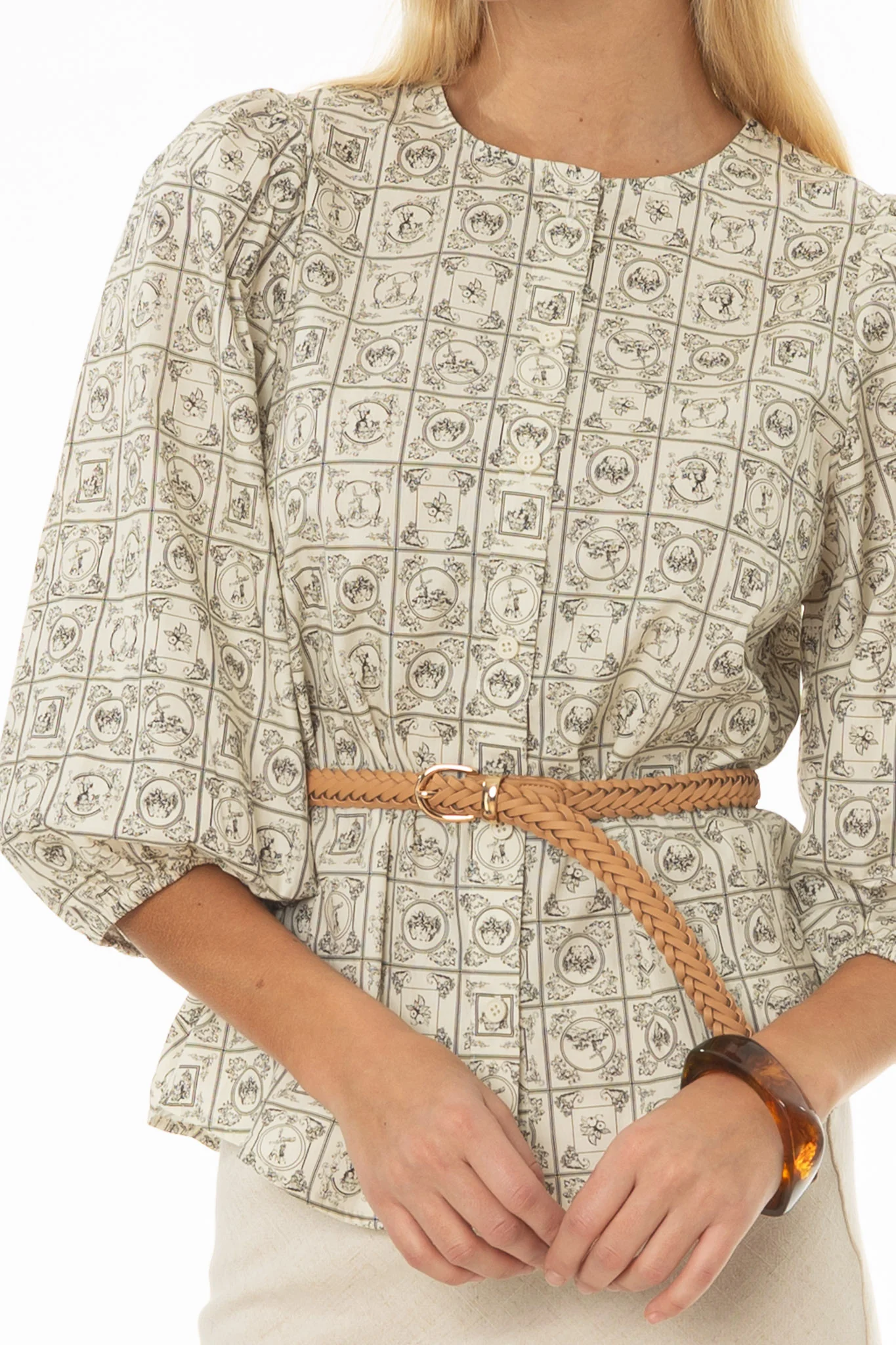 Black Print Puff Sleeve Button Down Blouse - Image 2