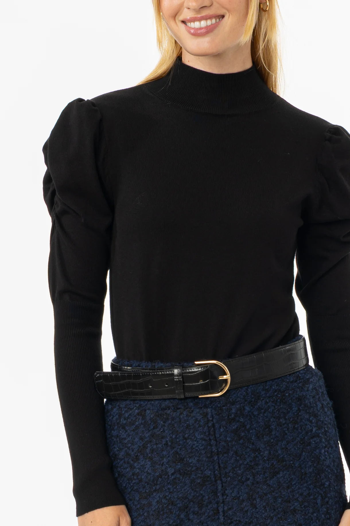 Black Puff Sleeve Knit Turtleneck Sweater - Image 2