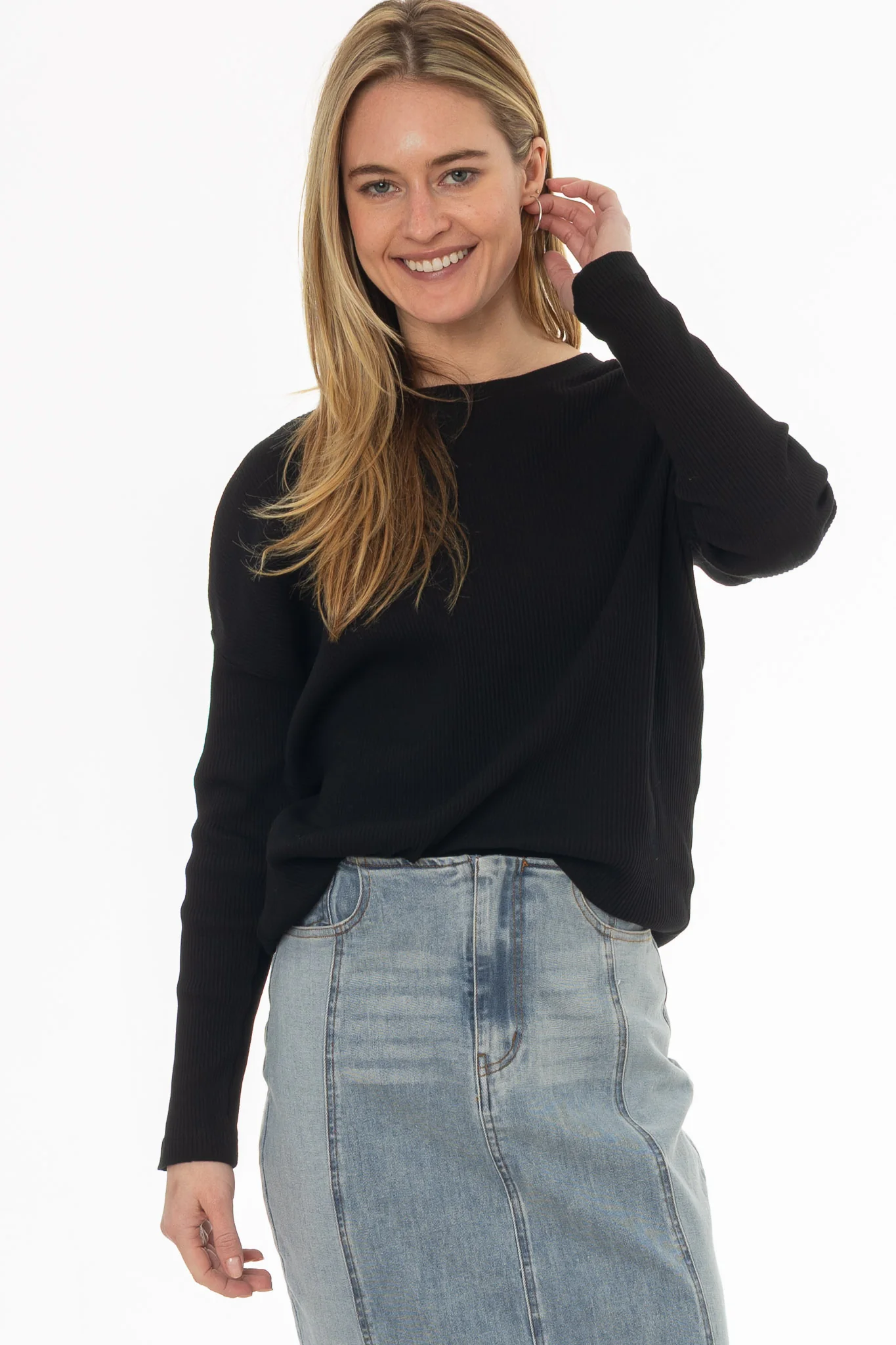 Black Ribbed Dolman Sleeve T-Shirt - Image 5