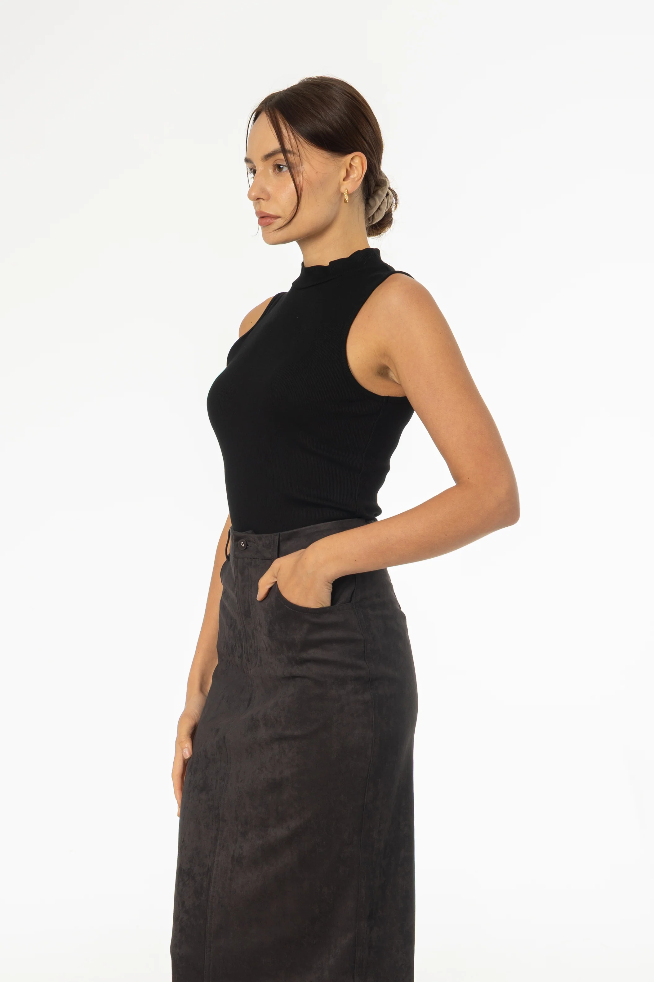 Black Ribbed Sleeveless Mock Neck Top - Image 2