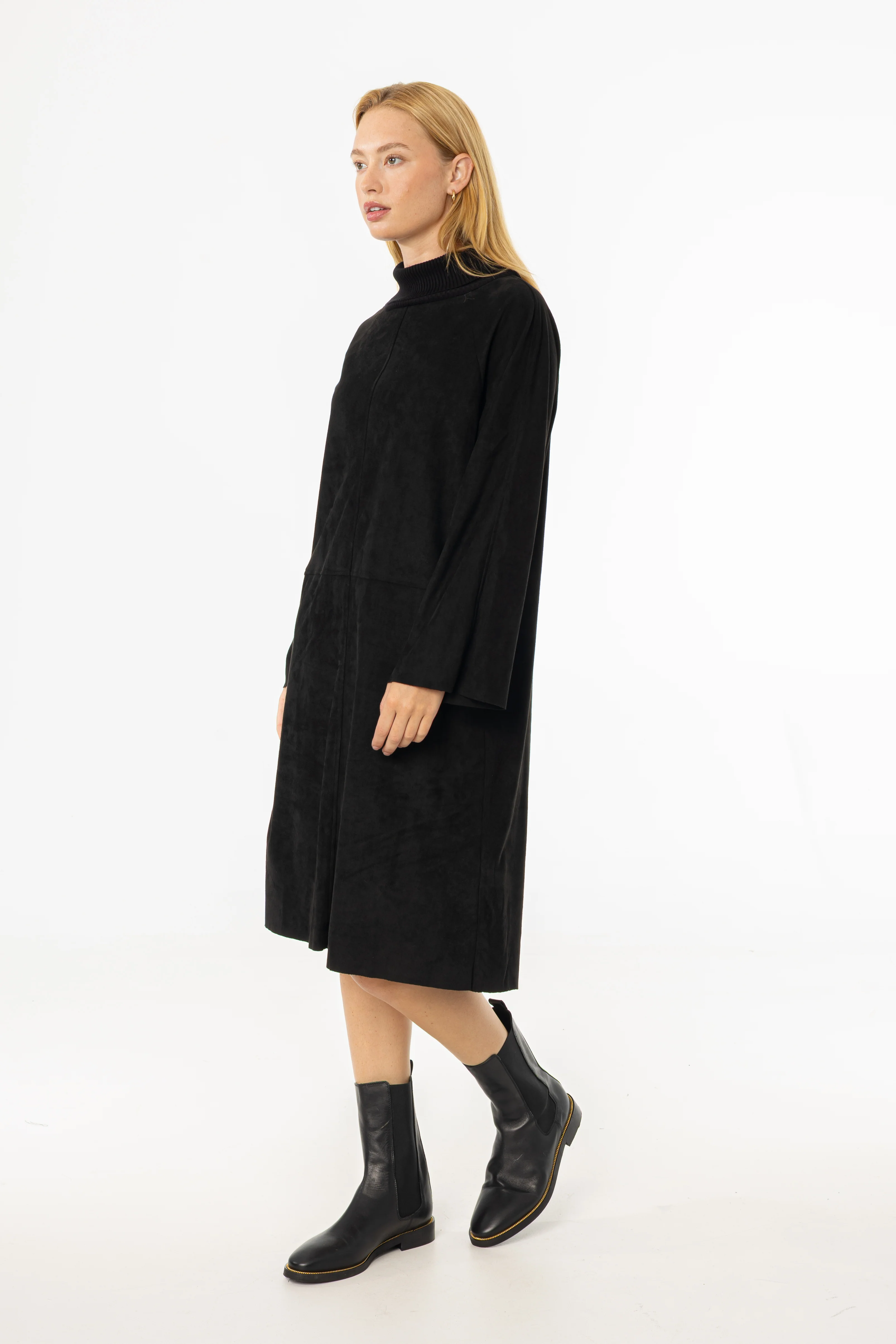 Black Ribbed Turtleneck Microsuede Dress - Image 3