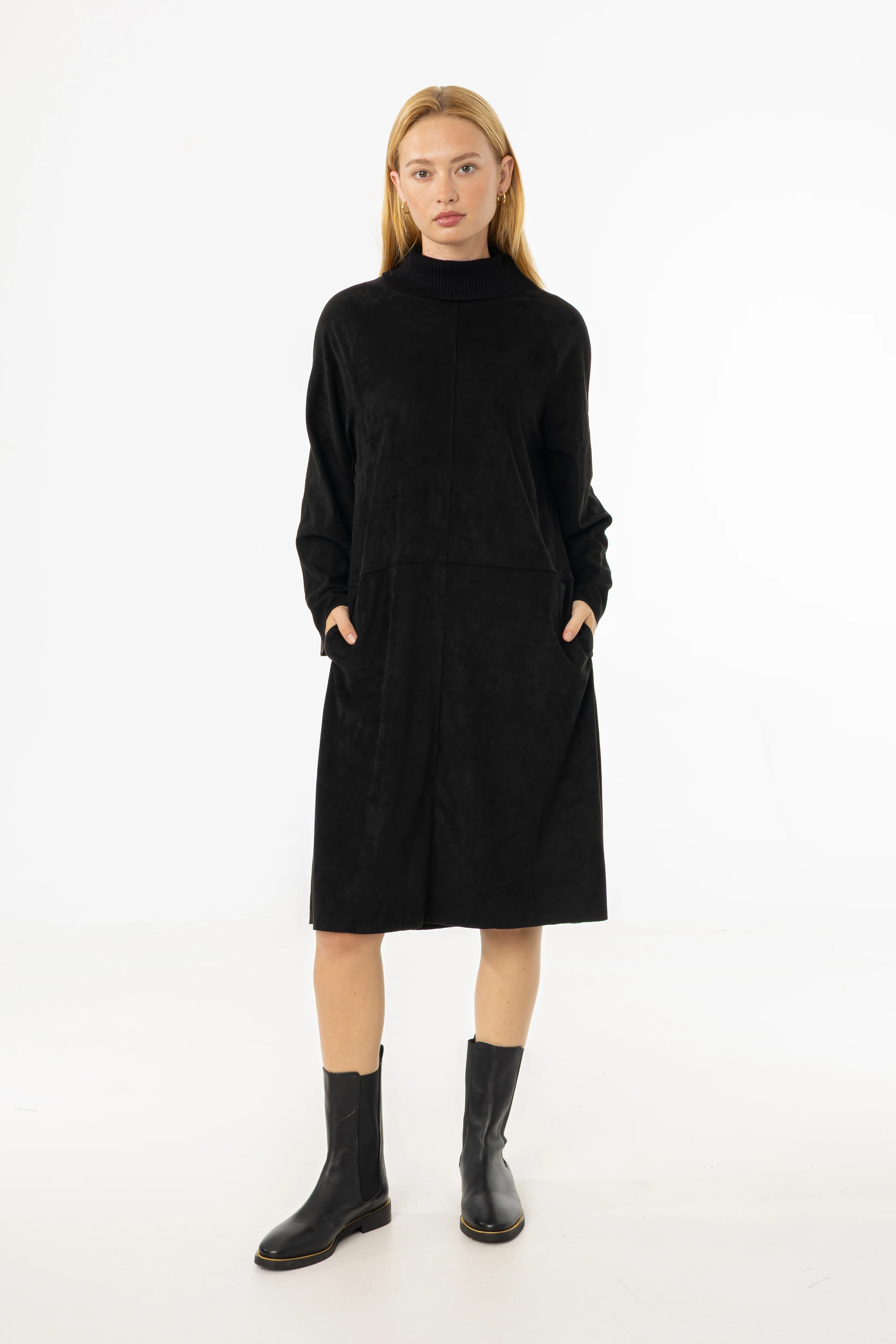 Black Ribbed Turtleneck Microsuede Dress - Image 5