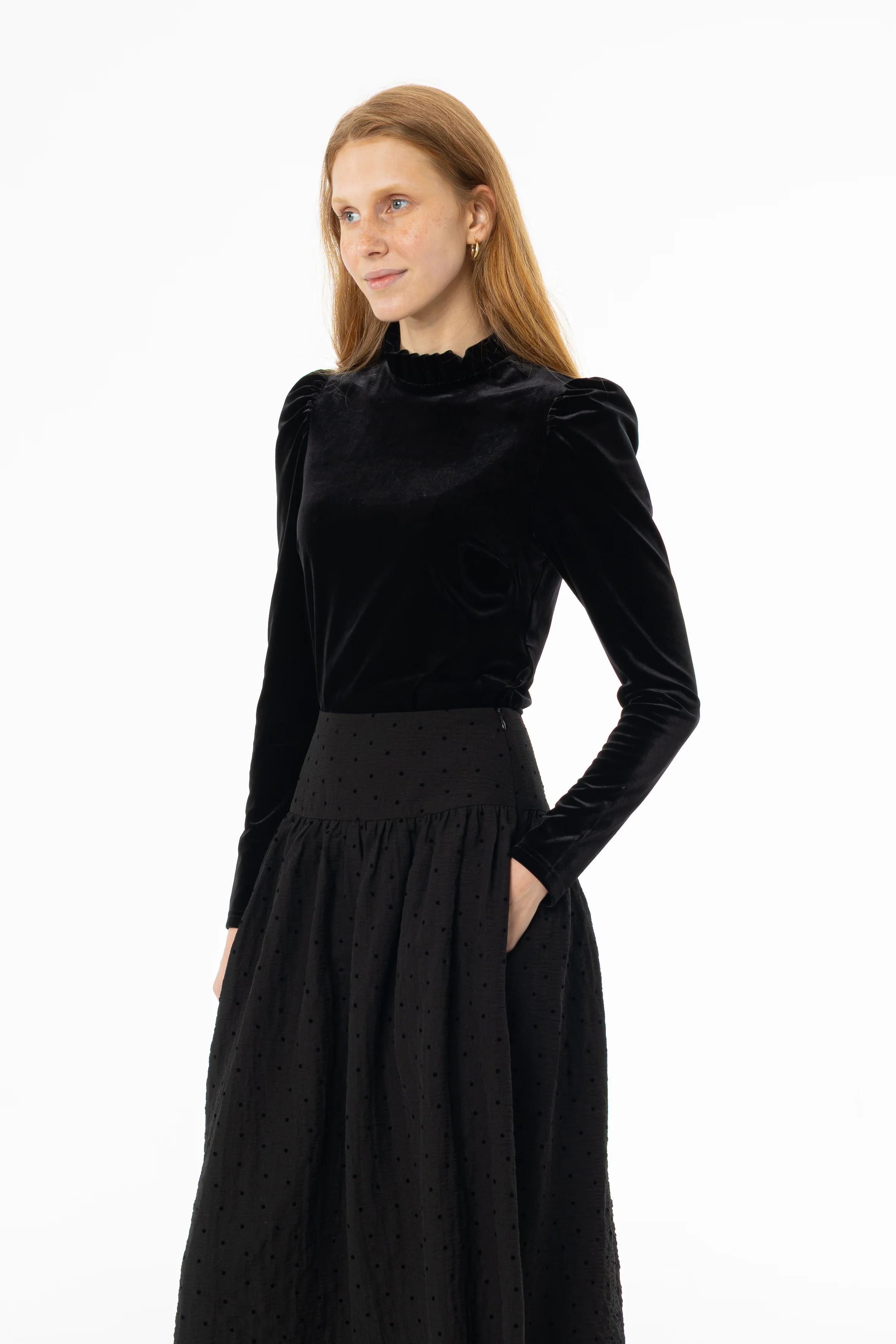 Black Ruffle Collar Velvet Top - Image 3