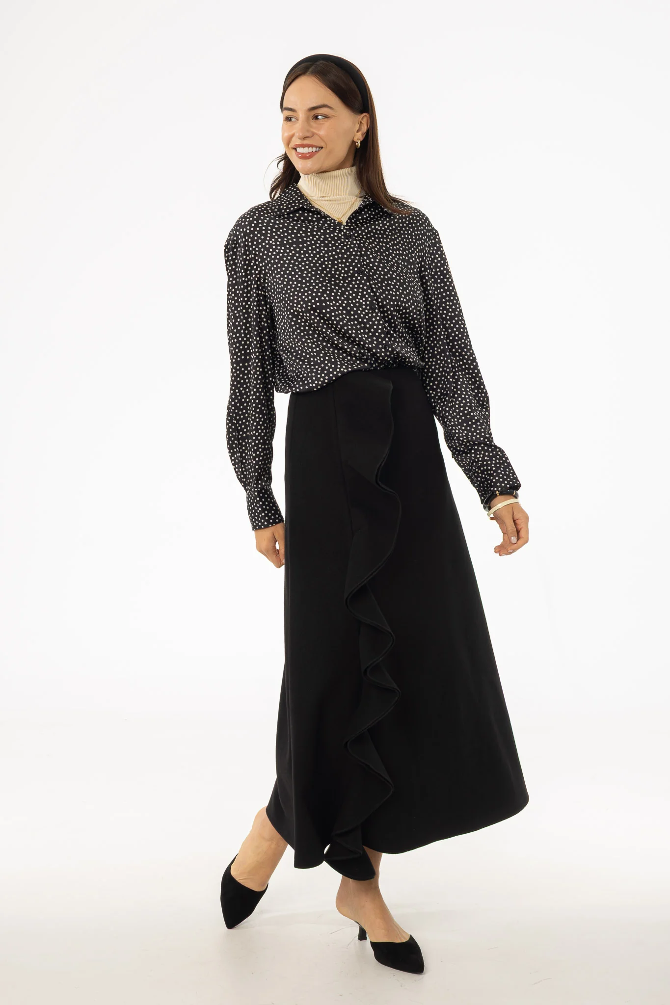 Black Ruffle Wool Maxi Skirt