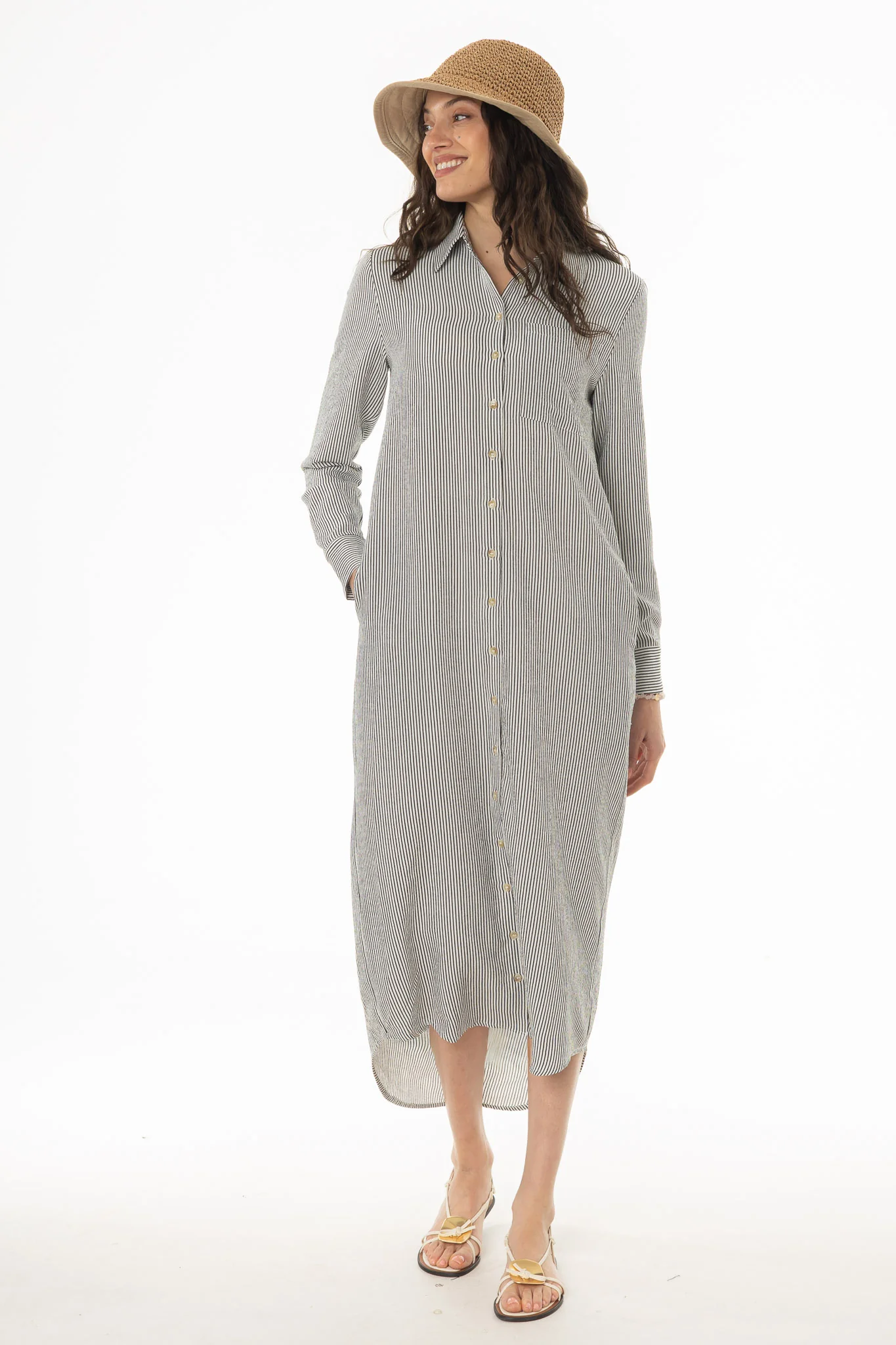 Black Seersucker Striped Maxi Shirt Dress