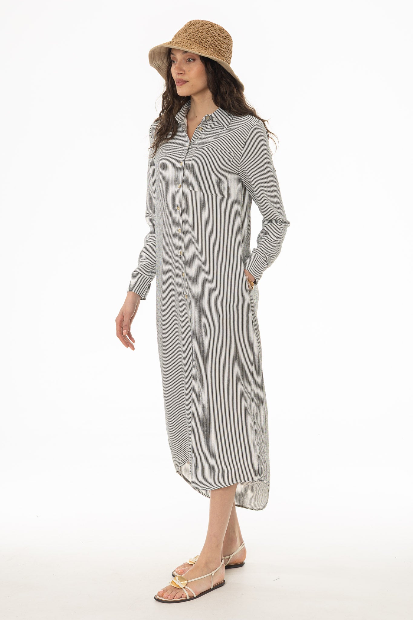 Black Seersucker Striped Maxi Shirt Dress - Image 3